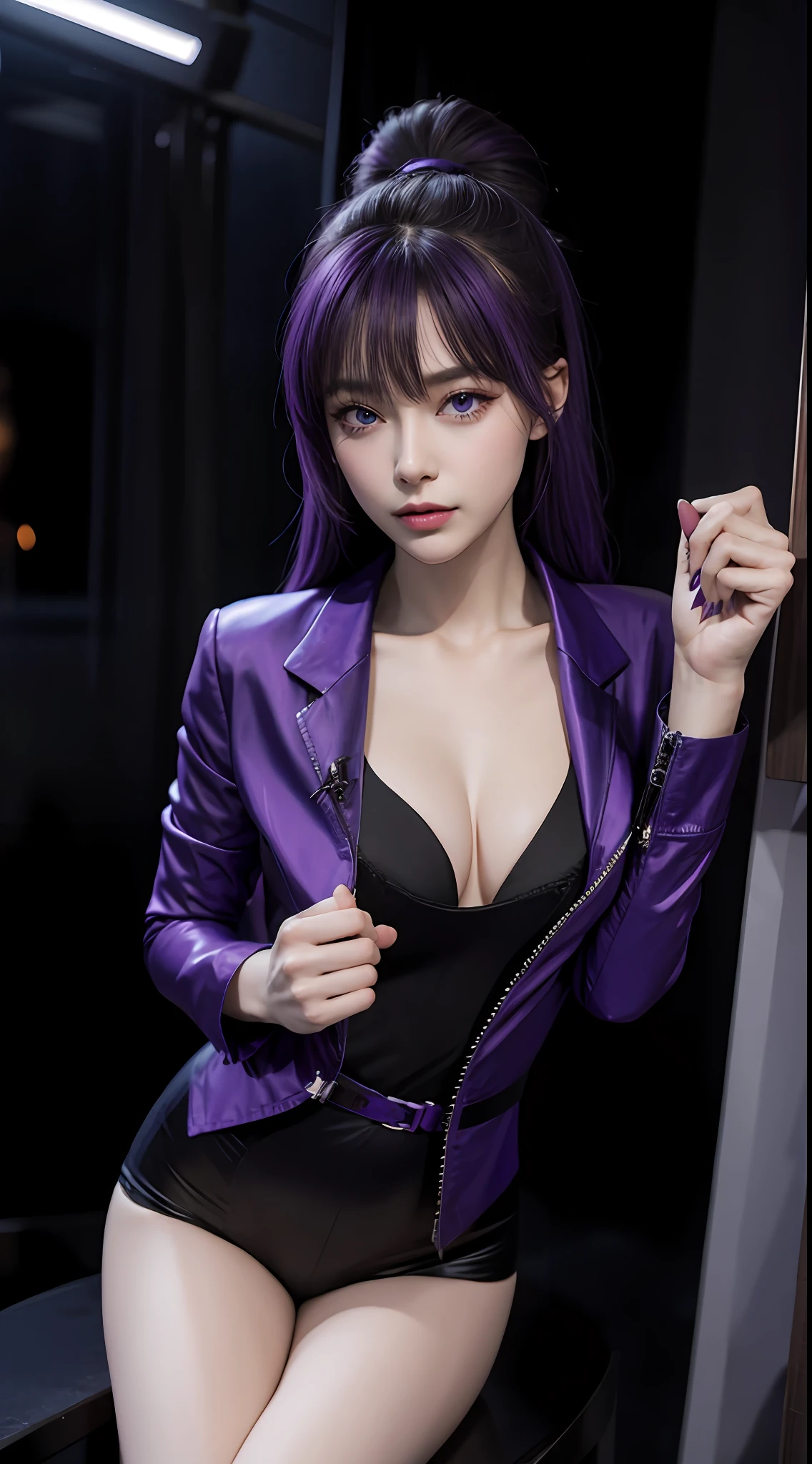 Masterpiece, Best Quality, 1girl, Official, Purple Eyes, Purple Hair, Bustiness, Cowboy Shot, Looking at the Audience, Dark, (Darkness), Cinematic Light, Edge Light, Delicate Eyes, (pureerosface_v1:0.5), Looking at the Audience, (Realisticity: 1.2), Provocative, Honkai Star Track, Cross-legged, Arrogant, Bangs Evil Face, Apocalyptic Background