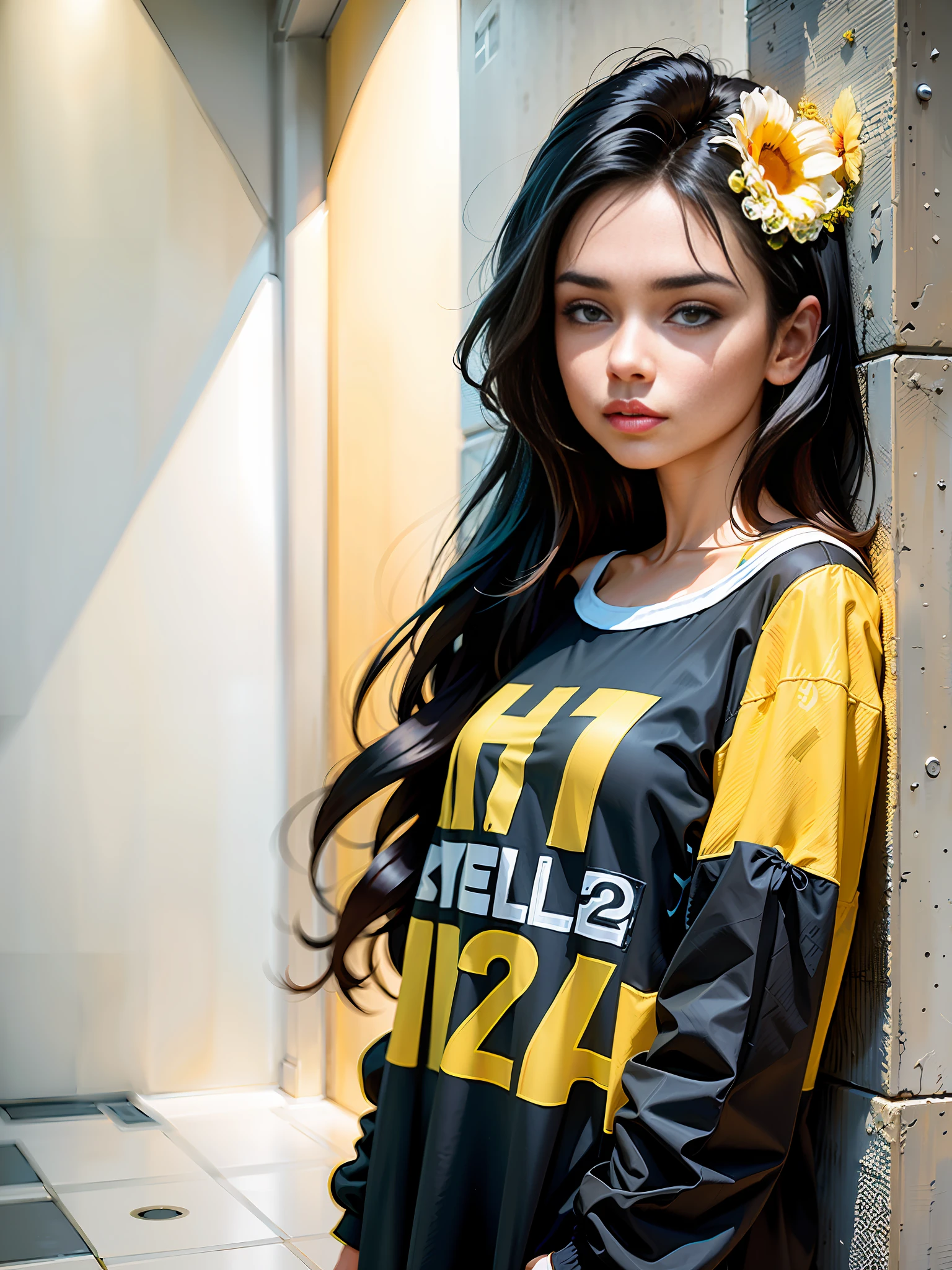 [1girl|solo], (masterpiece: 1.1), (best quality: 1.1), there is a woman standing in front of a wall, by Amelia Peláez, lorena avarez, alanis guillen, fernanda suarez, by Emma Ríos, photo of the outfit, photo portait, inspired by Germán Londoño, by Maria Helena Vieira da Silva, by Glòria Muñoz, yellow Hawaiian shirt, black shirt with yellow letters,  woman with long hair, woman 2 4 years old, white walls, granite floor,