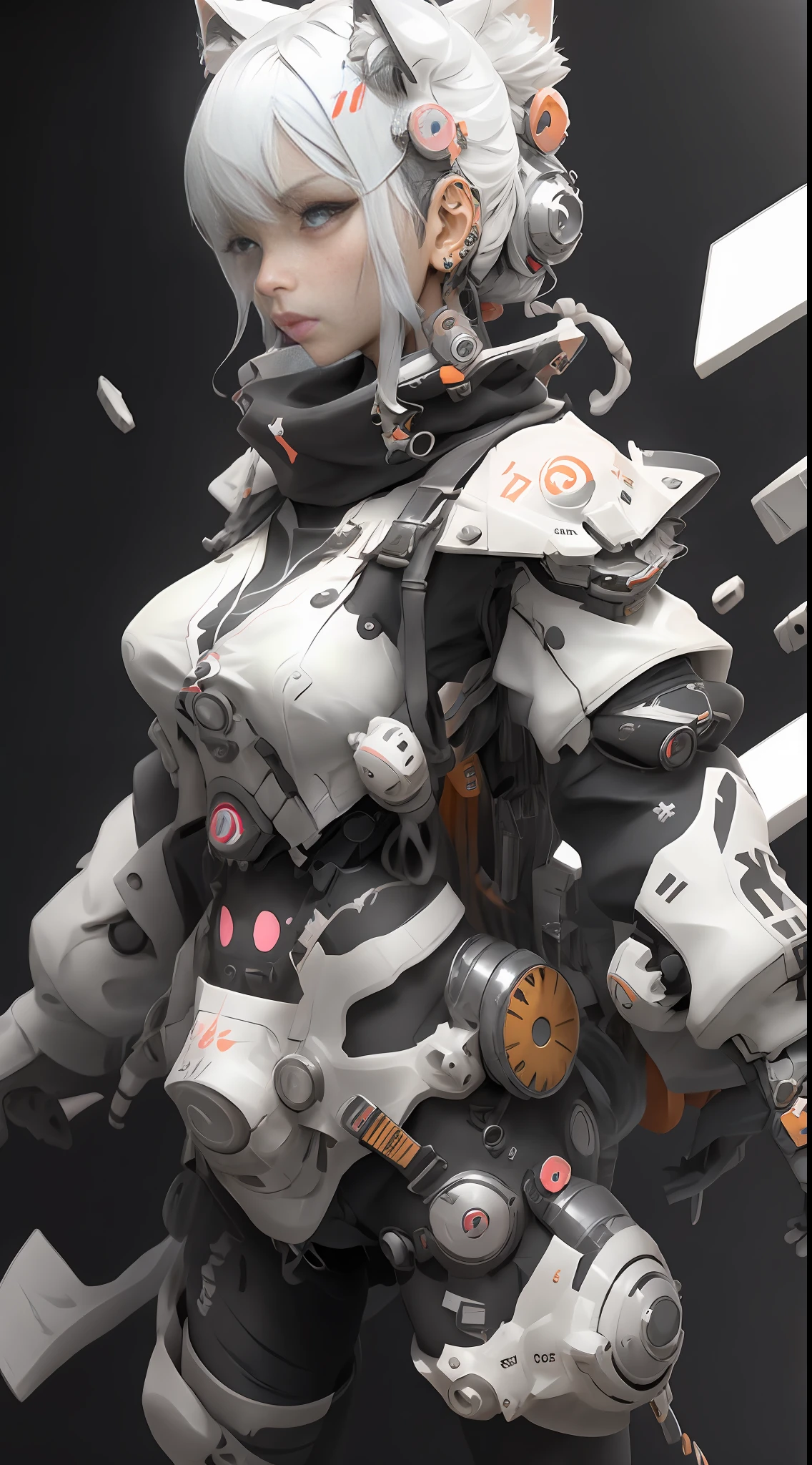asymmetrical 3D rendering, chrome flying around, a half body shot of a sexy girl, Chaos And Order
