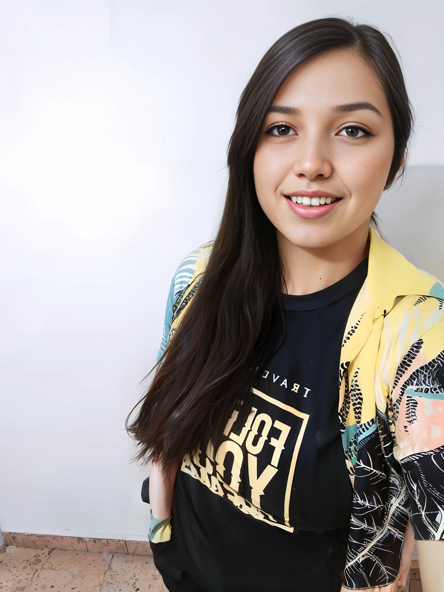 [1girl|solo], (masterpiece: 1.1), (best quality: 1.1), there is a woman standing in front of a wall, by Amelia Peláez, lorena avarez, alanis guillen, fernanda suarez, by Emma Ríos, photo of the outfit, photo portait, inspired by Germán Londoño, by Maria Helena Vieira da Silva, by Glòria Muñoz, yellow Hawaiian shirt, black shirt with yellow letters,  woman with long hair, woman 2 4 years old, white walls, granite floor,