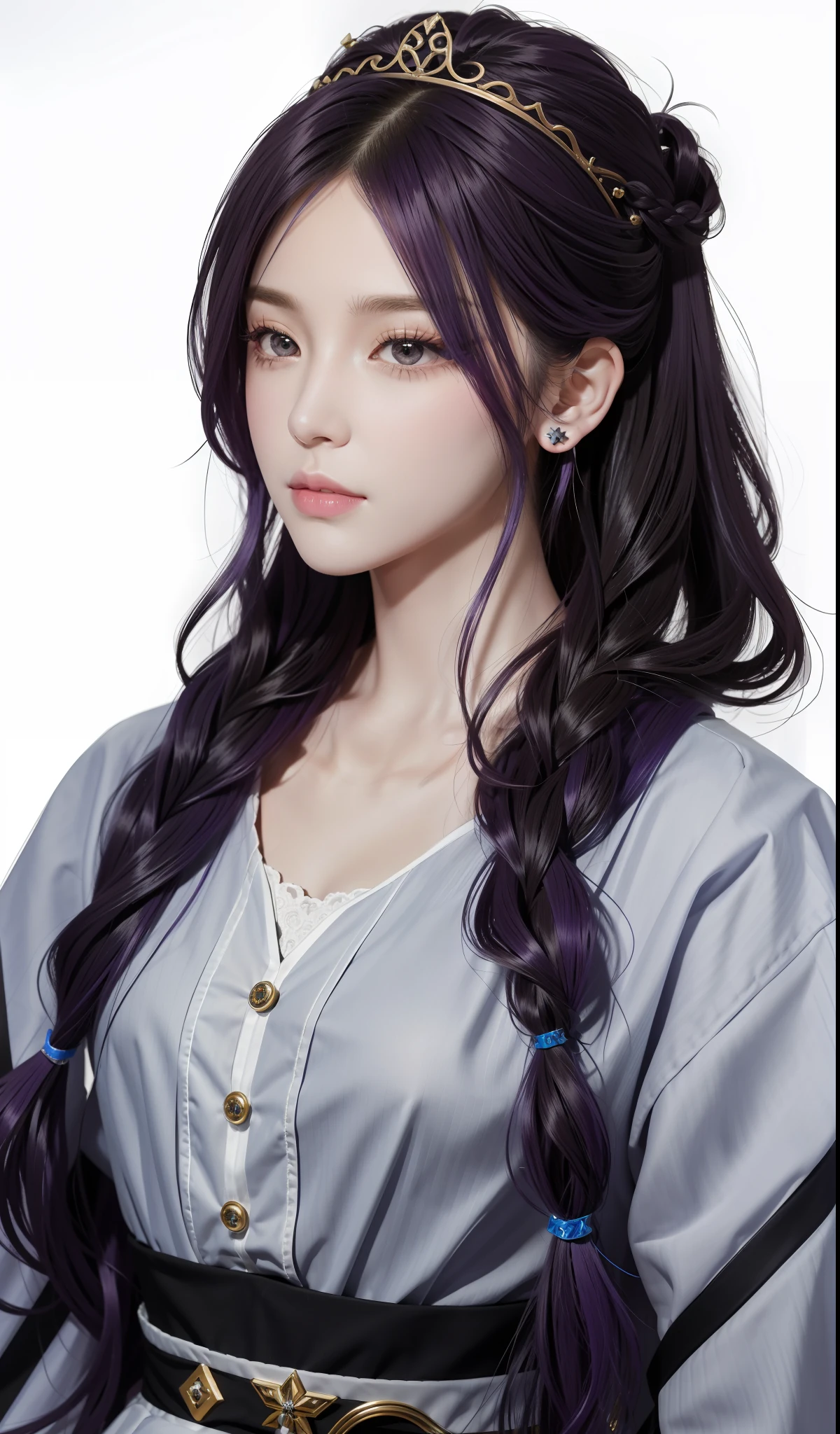 purple hair, asymmetrical hair, curly hair, french braid, very long hair, crown braid, expressive hair, hair strand, crown, empty eyes, eye reflection, earrings, bored, turn pale, textured skin, anatomically correct, high quality, high details, UHD