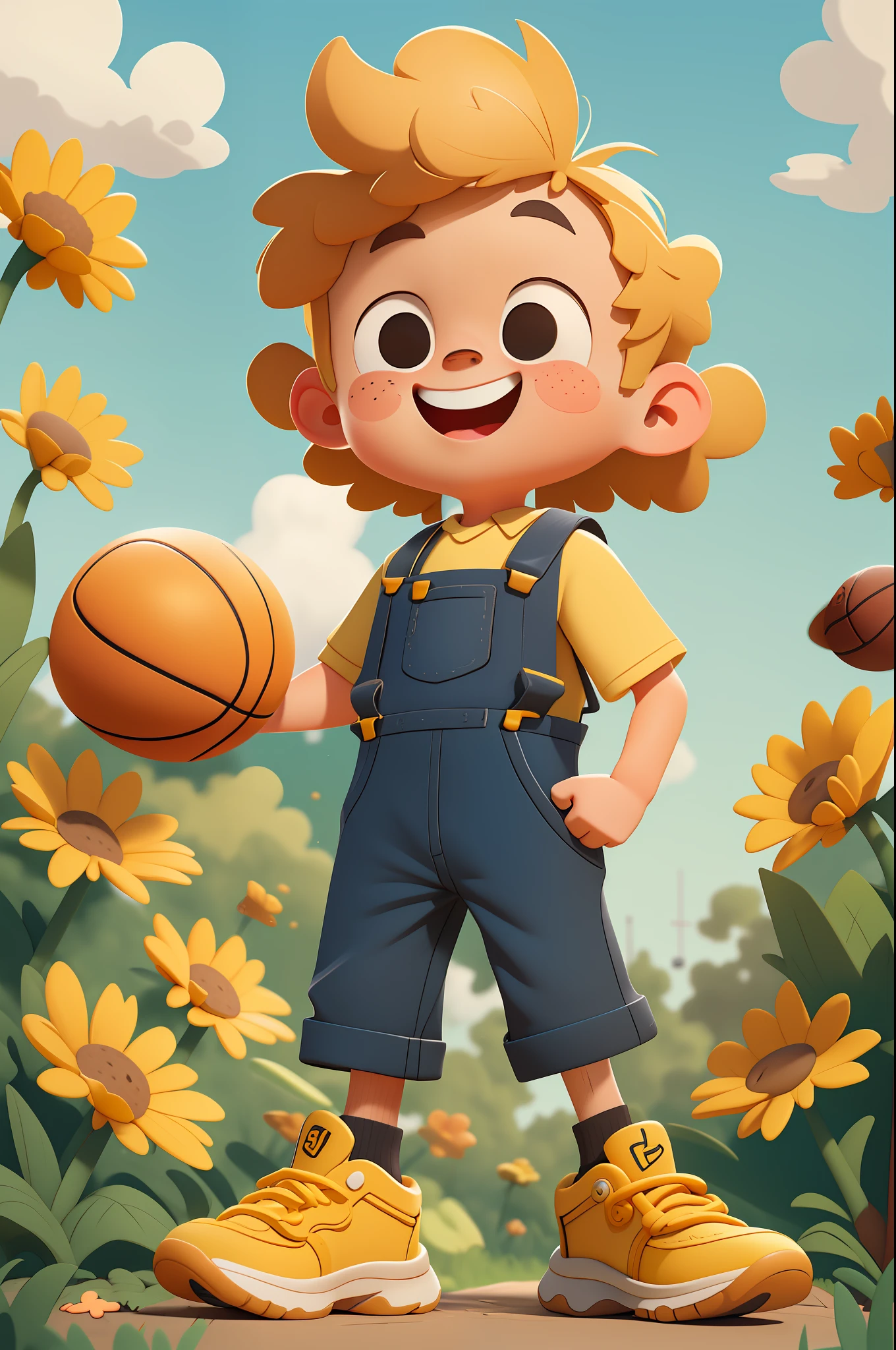 A happy cute boy, portrait, medium hair, yellow skin, blonde, wearing black t-shirt with (beige) (suspenders), playing basketball, outdoors, blue sky and white clouds, park, kid, cartoon, pixar style, 3d, cartoon, detailed face, asymmetrical, full body