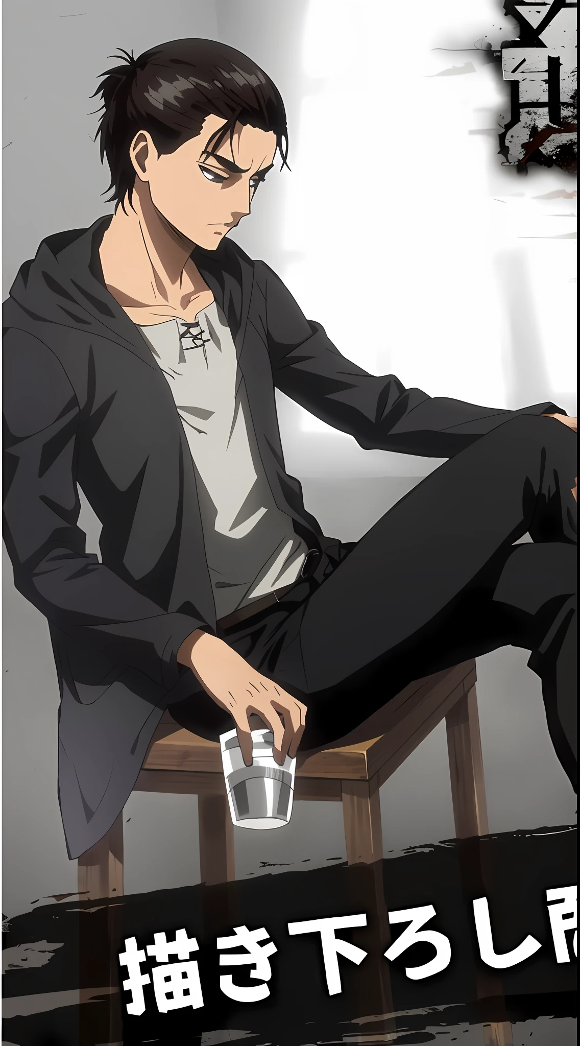 best quality, masterpiece, (realistic: 1.2), 1 man, Eren Jaeger, black jeans, black pants, brown hair, attack on Titan, cold background, black jacket, slim body, high definition, high quality, black clothes