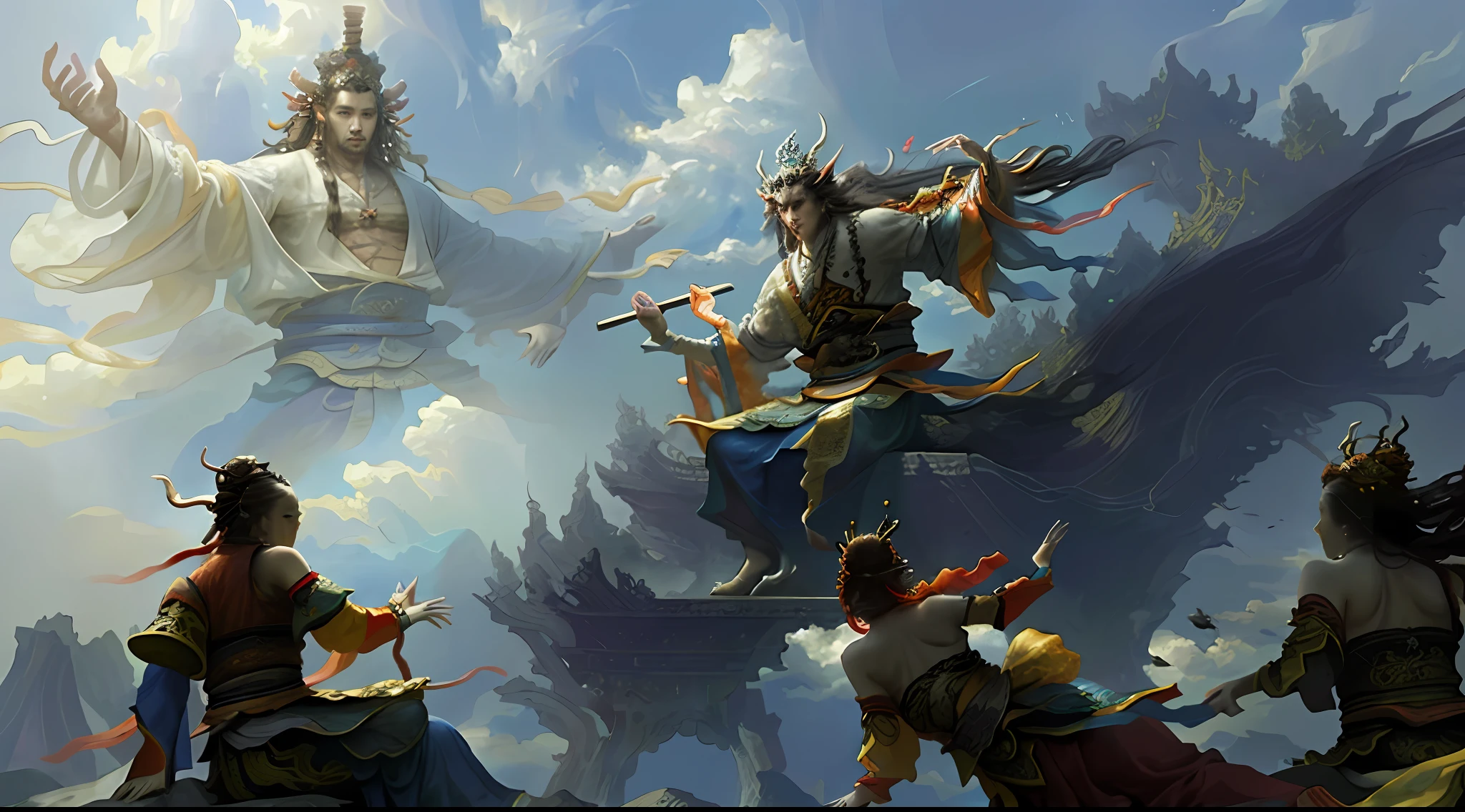 (high resolution: 1.4), official art, unified 8k wallpaper, super detail, beauty and aesthetics, masterpiece, best quality, reality, (fractal art), epic scene, high resolution, (masterpiece), (best quality), oriental mythology, chinese illustration, (many people: 1.5), many people, eating, sitting, sitting on the ground, oriental clothing, chinese clothing, landscape, clouds, particles, mountains, traditional media, floating pavilions, floating islands, long hair, hand fan, horns, black hair, jewelry, clouds, long sleeves, Chinese clothing, hair accessories, masterpiece, best quality, award-winning, 8k