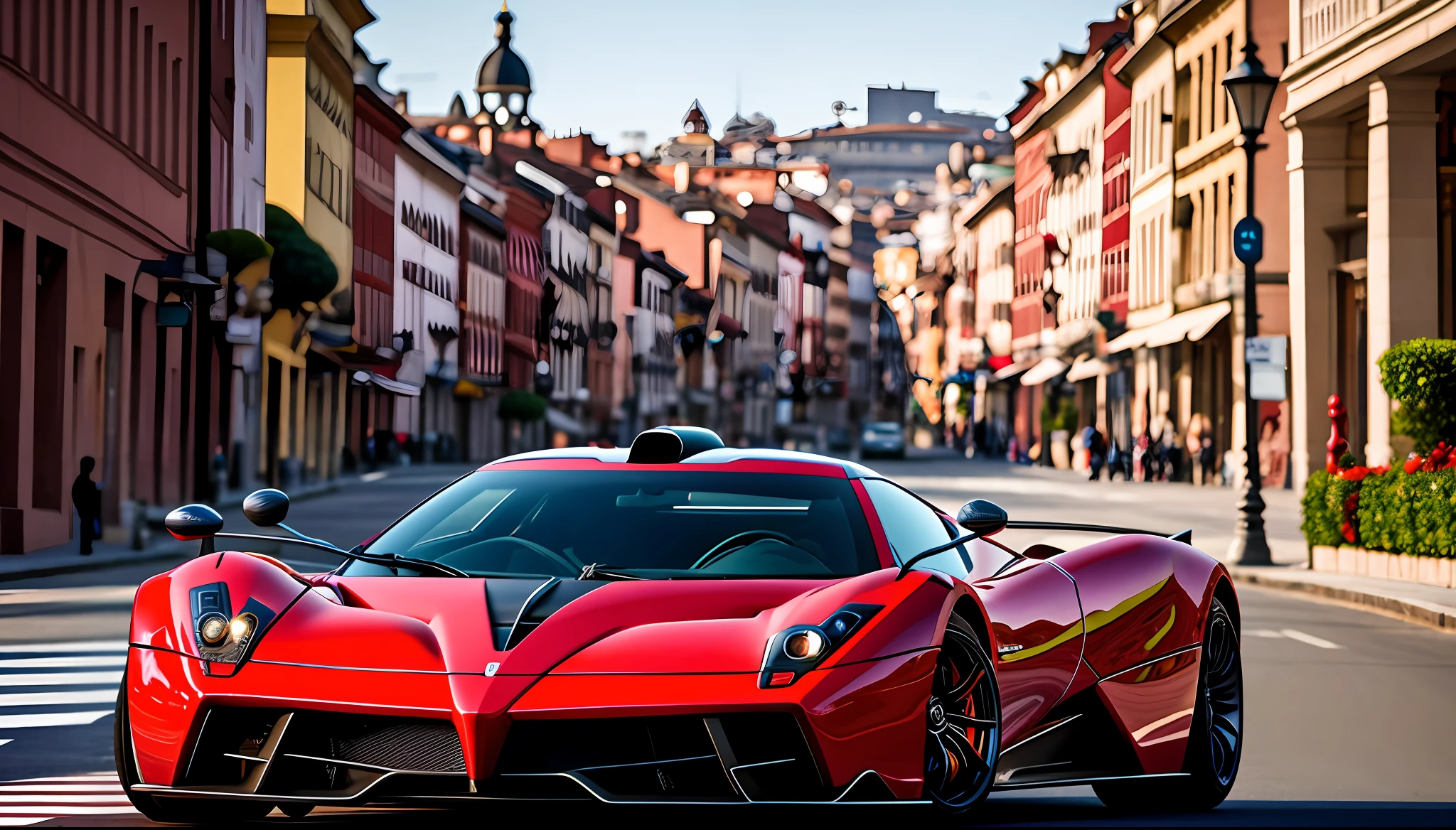 full decoration red pagani, in motion, in a city in the morning, masterpiece, best quality, high quality, realistic lighting, cinematic lighting, high resolution, sharp, in focus,4k, very details, ray tracing, shadow dynamic, light dynamic,city background,Texture dynamic, Texture details,HDR, Bloom,high reflection,