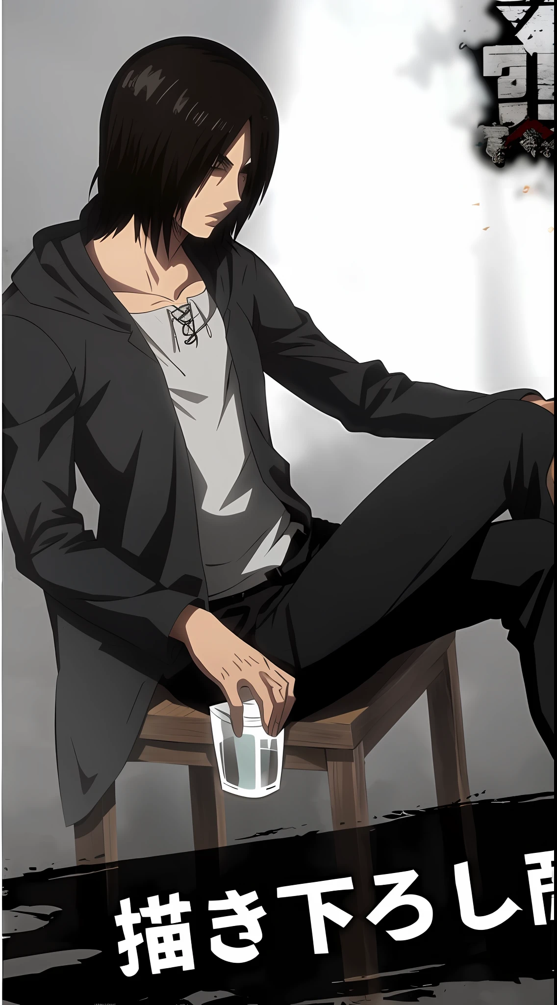 best quality, masterpiece, (realistic: 1.2), 1 man, Eren Jaeger, black jeans, black pants, brown hair, attack on Titan, cold background, black jacket, slim body, high definition, high quality, black clothes