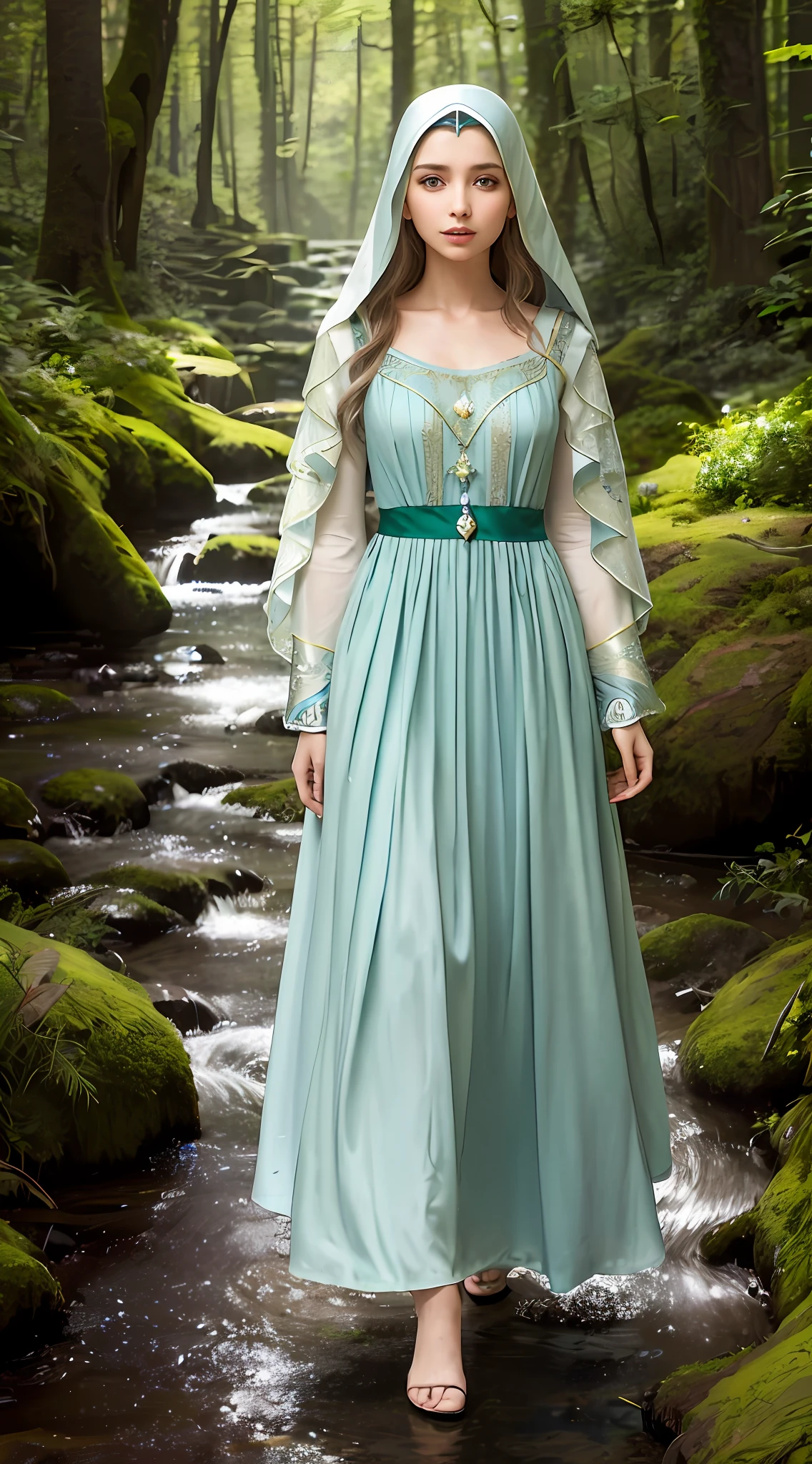 Arafed woman in a blue dress and veil standing on a stream, modest flowing dress, like a medieval costume character, dress in voile, medieval princess, costume style clothing, flowing dress, mahira khan as a wizard D&D, royal dress, long flowing intricate dress, elven princess, beautiful elven princess, flowing robes, magic robe flowing realistic.