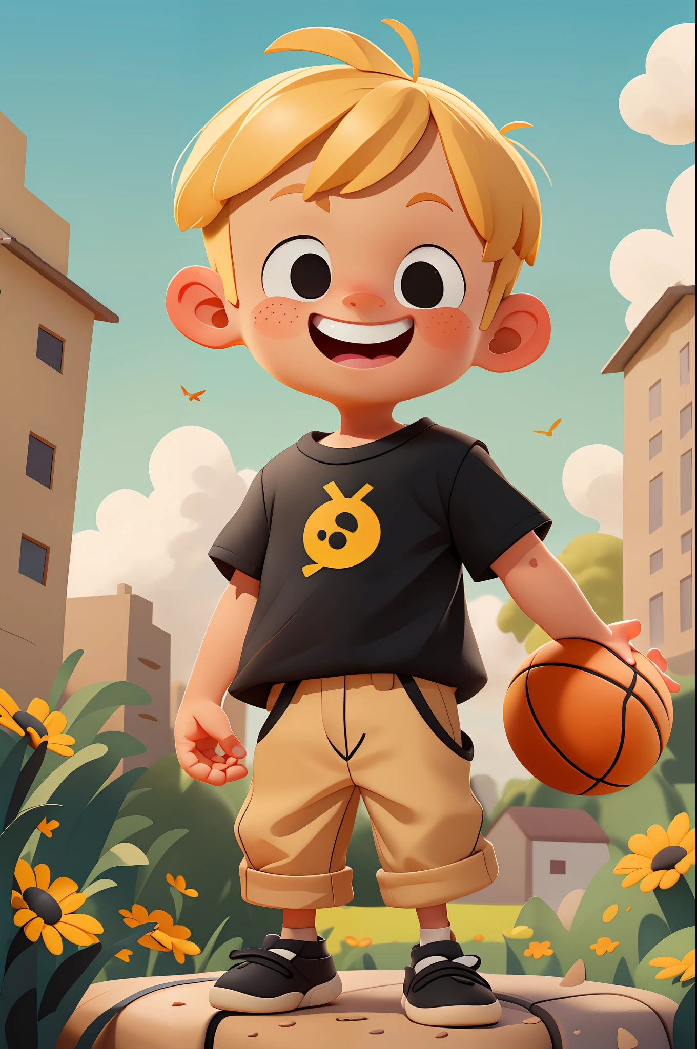 A happy and cute boy, portrait, ((middle bangs)), yellow skin, blonde hair, wearing (((black shirt))), with (beige) (trouser strap), playing basketball, outdoors, blue sky and white clouds, park, child, cartoon, pixar style, 3d, cartoon, detailed face, asymmetrical, full body