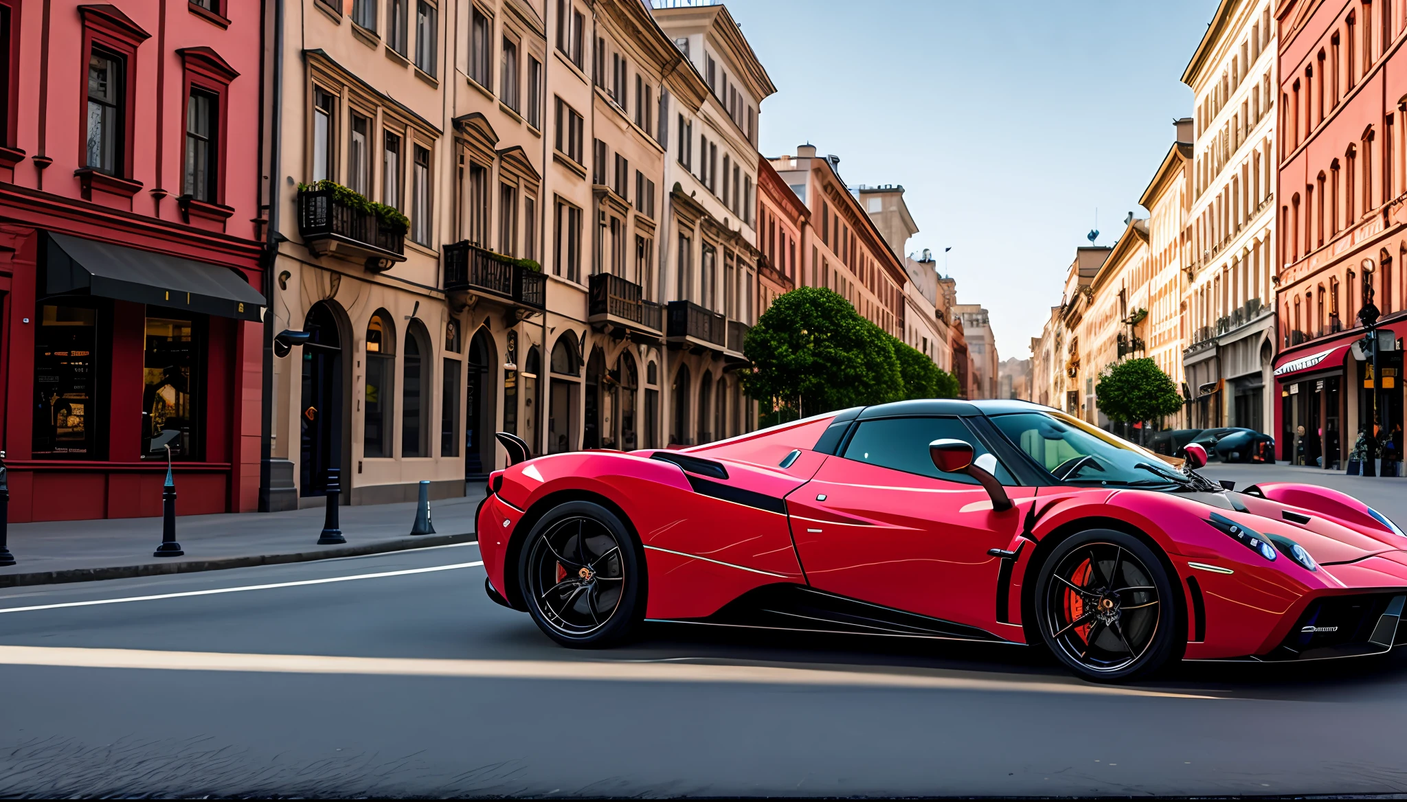 full decoration red pagani, in motion, in a city in the morning, masterpiece, best quality, high quality, realistic lighting, cinematic lighting, high resolution, sharp, in focus,4k, very details, ray tracing, shadow dynamic, light dynamic,city background,Texture dynamic, Texture details,HDR, Bloom,high reflection,