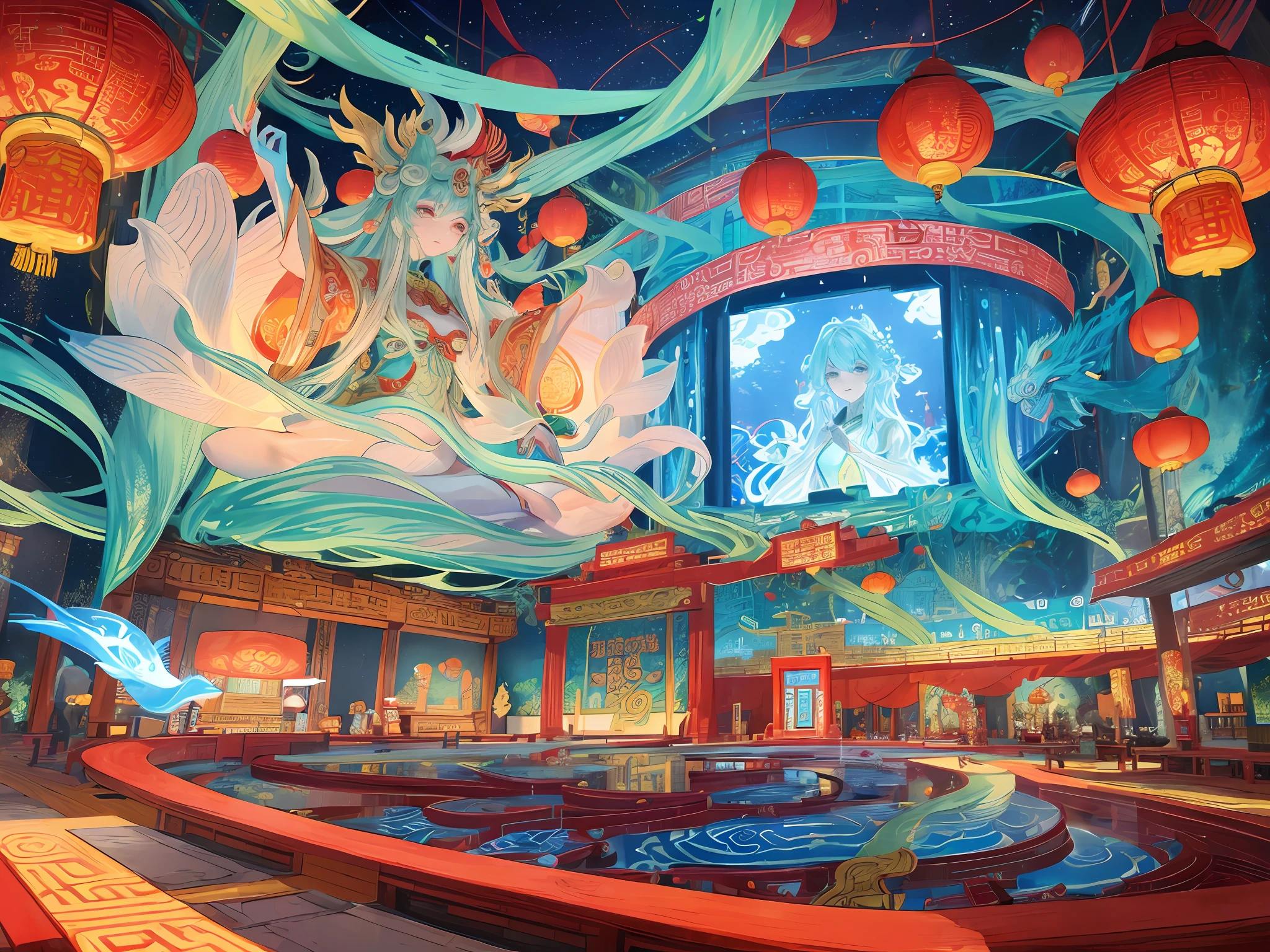 A large immersive interactive experience exhibition hall in Chinese mythology style about the goddess of ocean peace Mazu, several modern audiences around a large transparent holographic Mazu goddess digital image interactive LED installation in the middle of the exhibition hall, referring to the beautiful and dignified shape of the Mazu statue on Meizhou Island in Fujian, there are many small transparent screens surrounding it, there are different transparent holograms of Chinese gods on the screen, including the Four Seas Dragon King, etc., the wall has Chinese cultural interactive installations, and the floor has the light and shadow of ocean waves and holographic images, The whole is full of immersive mysterious art feeling, the audience and the screen interact, digital interaction, immersive atmosphere, mixed with some Chinese goddess Mazu culture and traditional ornamentation patterns, there are 12 projectors on the top to project the picture to the wall, and some viewers are interacting with the LED screen, bright, ethereal space