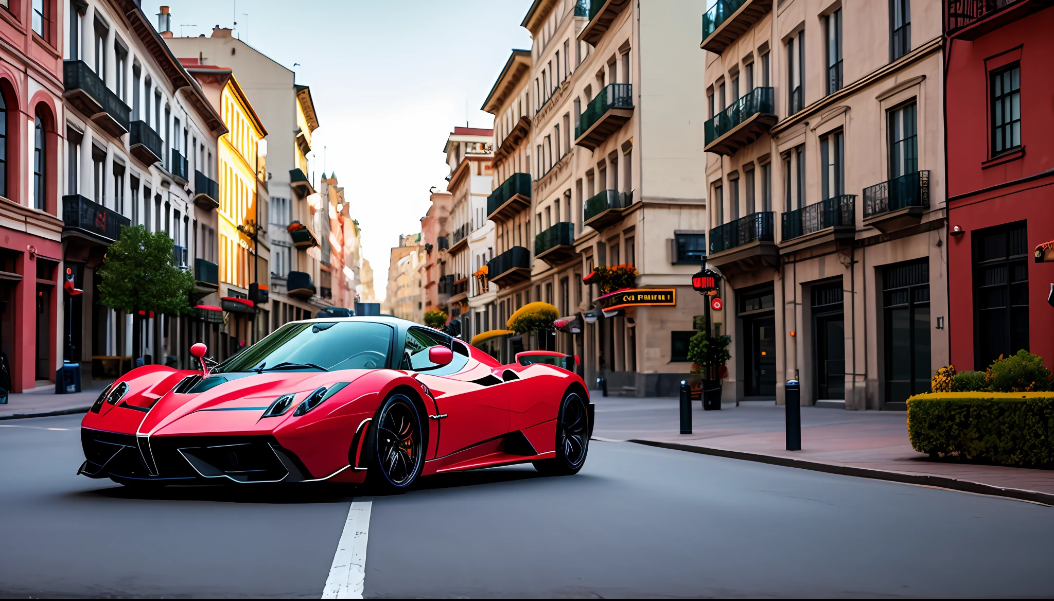 full decoration red pagani, in motion, in a city in the morning, masterpiece, best quality, high quality, realistic lighting, cinematic lighting, high resolution, sharp, in focus,4k, very details, ray tracing, shadow dynamic, light dynamic,city background,Texture dynamic, Texture details,HDR, Bloom,high reflection,