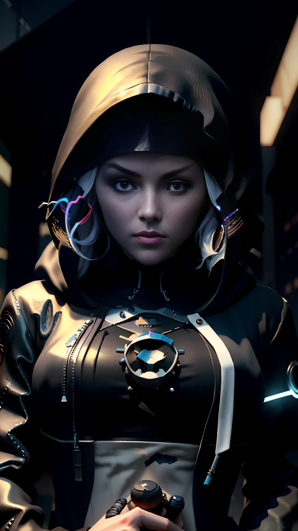 arafed image of a woman in a hooded jacket and a hoodie, cyberpunk anime girl in hoodie, stylized urban fantasy art, cyberpunk killer, cyberpunk nun warrior, cyberpunk dark fantasy art, badass anime 8 k, very cute cyberpunk samurai, beautiful cyberpunk girl face, dark cyberpunk illustration, portrait of a cyberpunk samurai, cyberpunk horror fantasy, cyberpunk style cyberpunk horror, rendered in Unreal Engine, peeled sky, broken winds, sky between cracks, realistic material details, extreme details, hyper-realistic materials, Unreal Engine rendering concept art, broken sky, Unreal Engine art, dramatic lighting. Concept art, rendered in Unreal 5, ((Unreal Engine)), Unreal Engine Art 5
