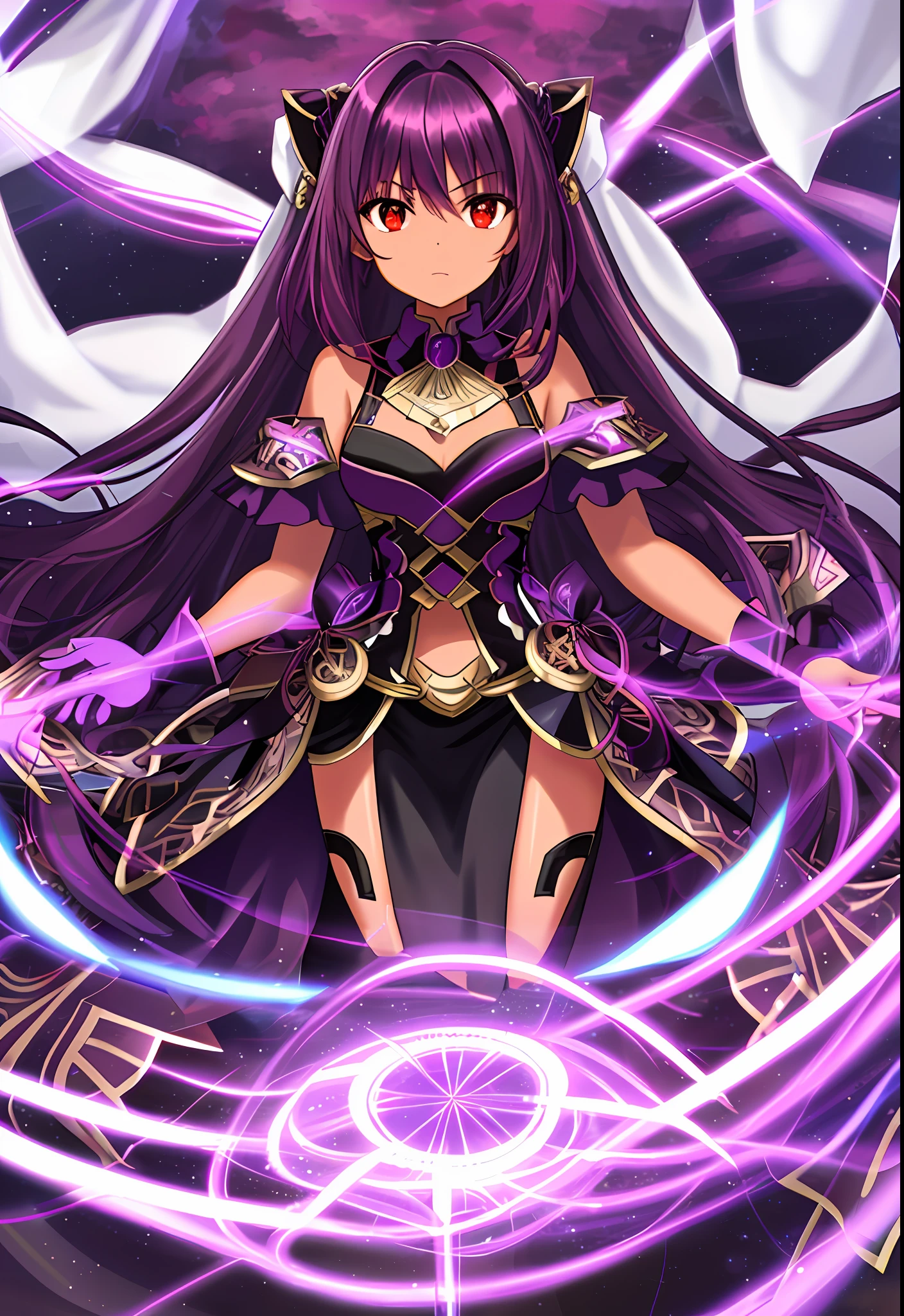 1 girl, brown skin, red eyes, purple hair, shiny hair, hair evil aura purple shining, turning black