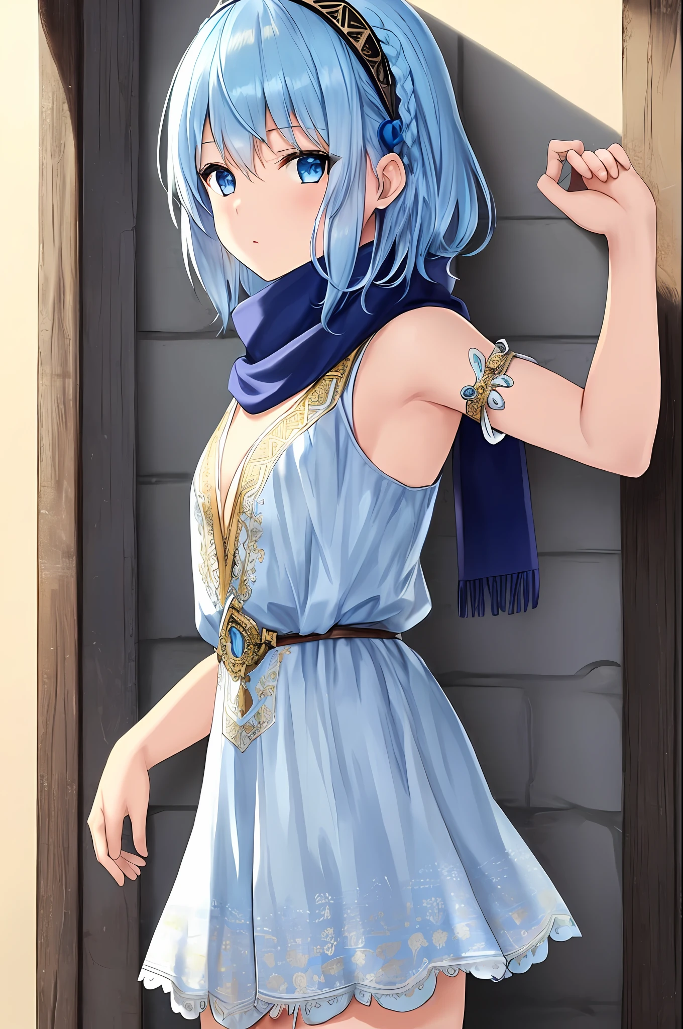 lineart ((best quality)), ((masterpiece)), (detailed), 1girl, } 4k, hd, masterpiece,, female, , blue eyes, {light blue hair}, short hair{intricate leather blue desert tribal tunic}, bare arms, upper body, hairband, fantasy, filigree, scarf, braided bangs, hair decoration