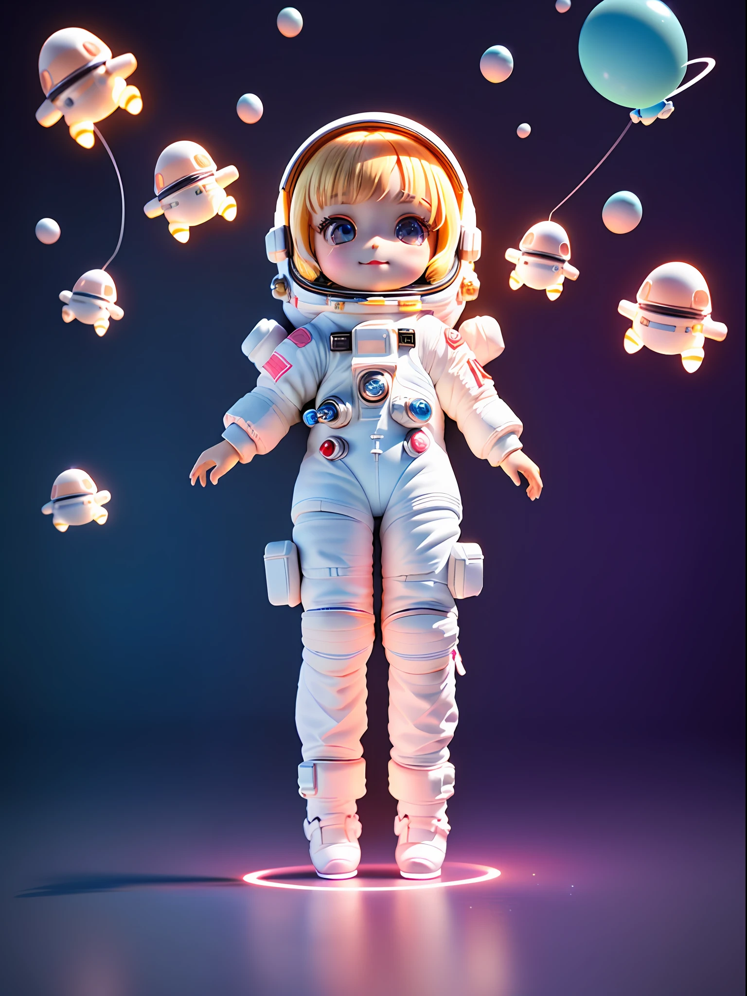 Super cute girl full body 3D drawing, 1pc, good looking eyes, big eyes, cute, happy, c4d, pop matt blind box, glowing bubbles, toys, solid color background, chibi, fluorescent translucency, luminous body, kawaii, doll, (((astronaut, white spacesuit)))), reference sheet, pop mart blind box, Pixar, intricate details, 3d rendering, blender, oc renderer, fol reference body sheet, dribble , High Details, 8K, Studio Lighting, Loli, Petite, Child, Chibi, SD characters: 1.1, Magic Space Background