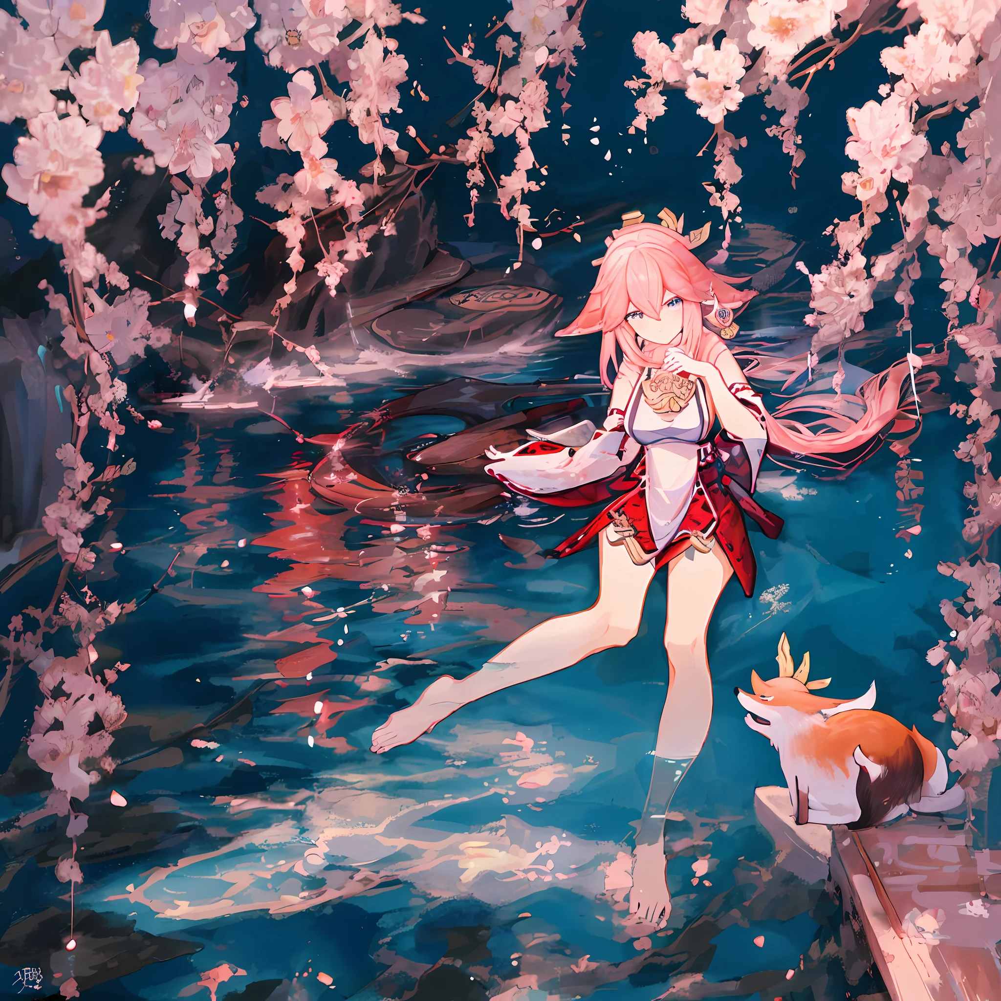 High quality, 4k, rich details, Japanese style painting style, 1girl unique style, kimono bare-shouldered beauty, perfect display of thighs and cleavage, Yae Miko style, shrine at night, smile with flower wine in hand, fox eartail and collarbone, long hair shawl scattered, soft pink long hair, sexy side breasts and nine fox tails, lying still on the water, cherry blossoms falling,