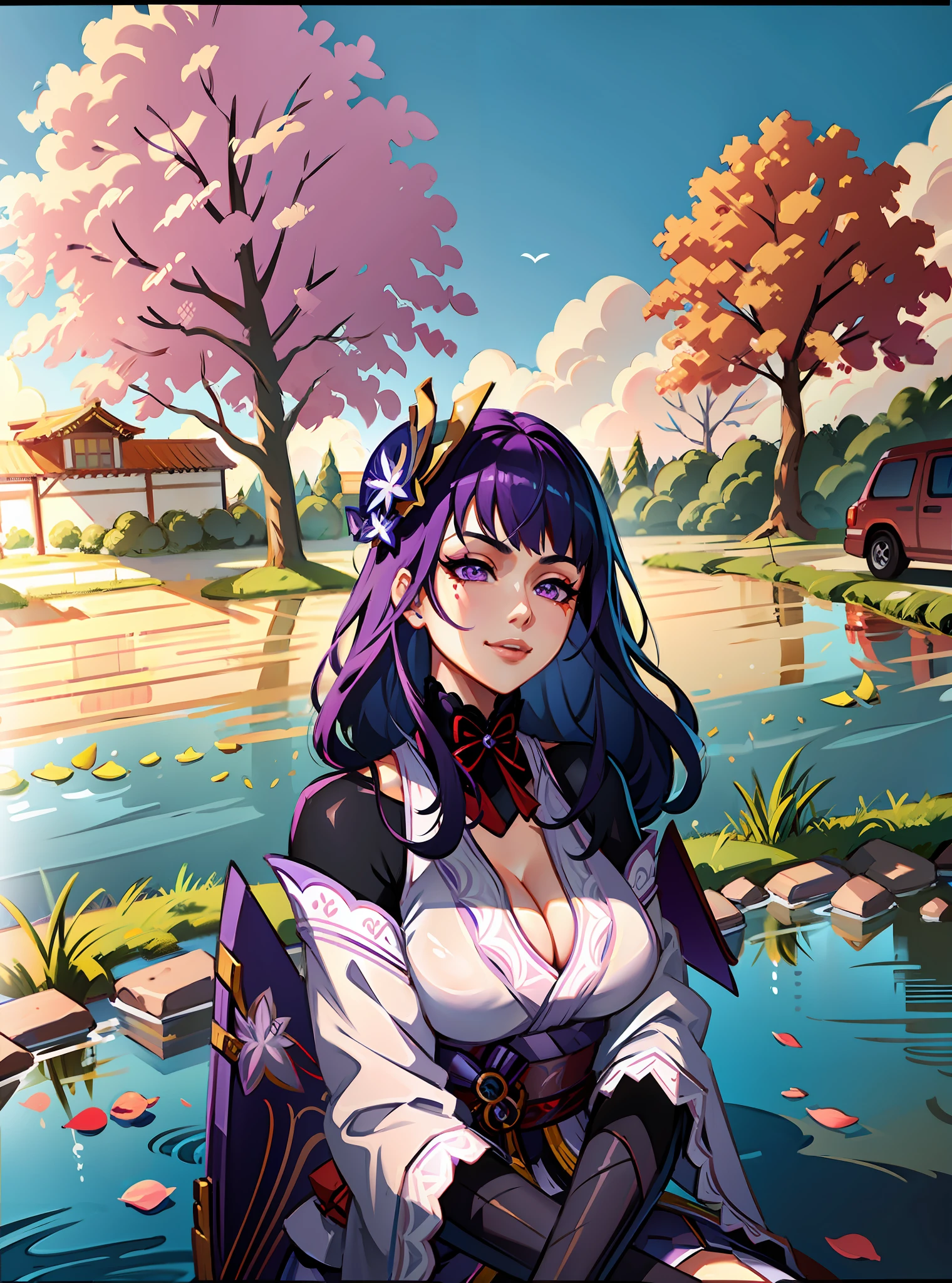 (masterpiece),(best quality:1.0), (ultra highres:1.0), detailed illustration, 8k, anime, 1girl, beautiful anime girl, Girl, Raiden Shogun, Purple eyes, detailed eyes, purple hair, detailed hair, shoulder exposure, shoulder smooth texture latex, coquettish smile, anime feel, evil devil, {blackening}, {teasing smile}, detailed, anime style, best quality