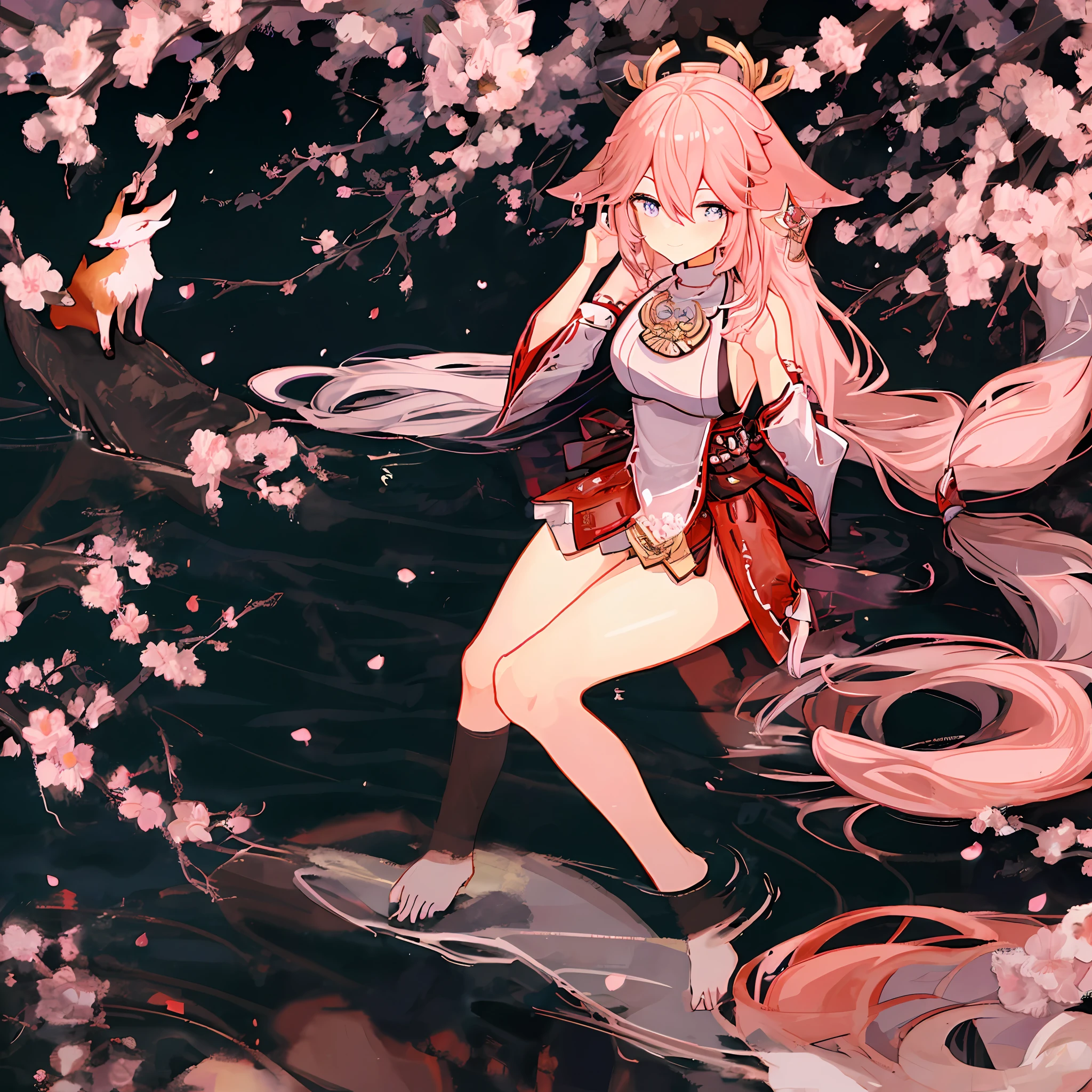 High quality, 4k, rich details, Japanese style painting style, 1girl unique style, kimono bare-shouldered beauty, perfect display of thighs and cleavage, Yae Miko style, shrine at night, smile with flower wine in hand, fox eartail and collarbone, long hair shawl scattered, soft pink long hair, sexy side breasts and nine fox tails, lying still on the water, cherry blossoms falling,