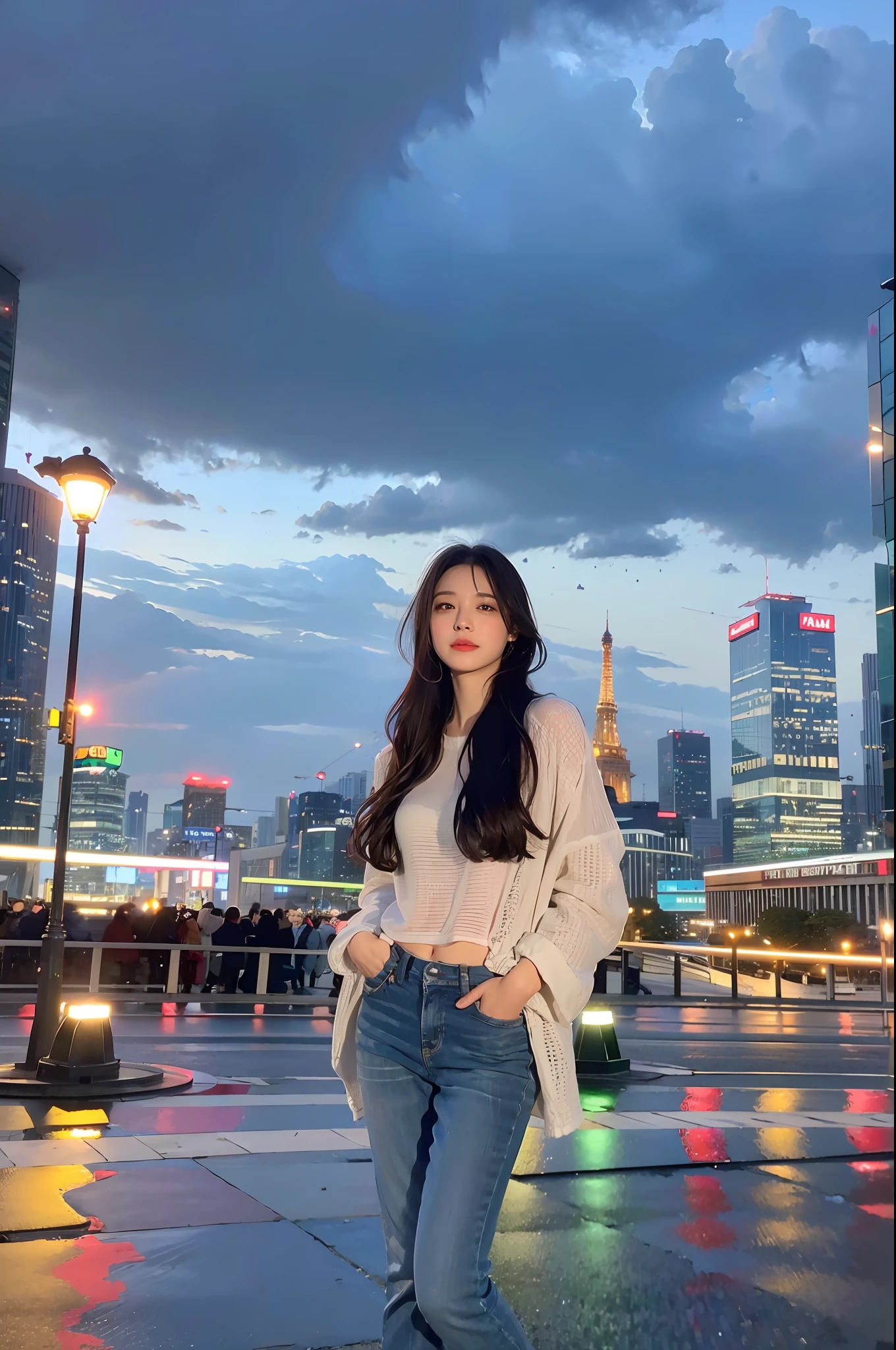 mix4,(8k, RAW photo, best quality, masterpiece:1.2), (realistic, photo-realistic:1.37),cute,cityscape, night, rain, wet, professional lighting, photon mapping, radiosity, physically-based rendering,