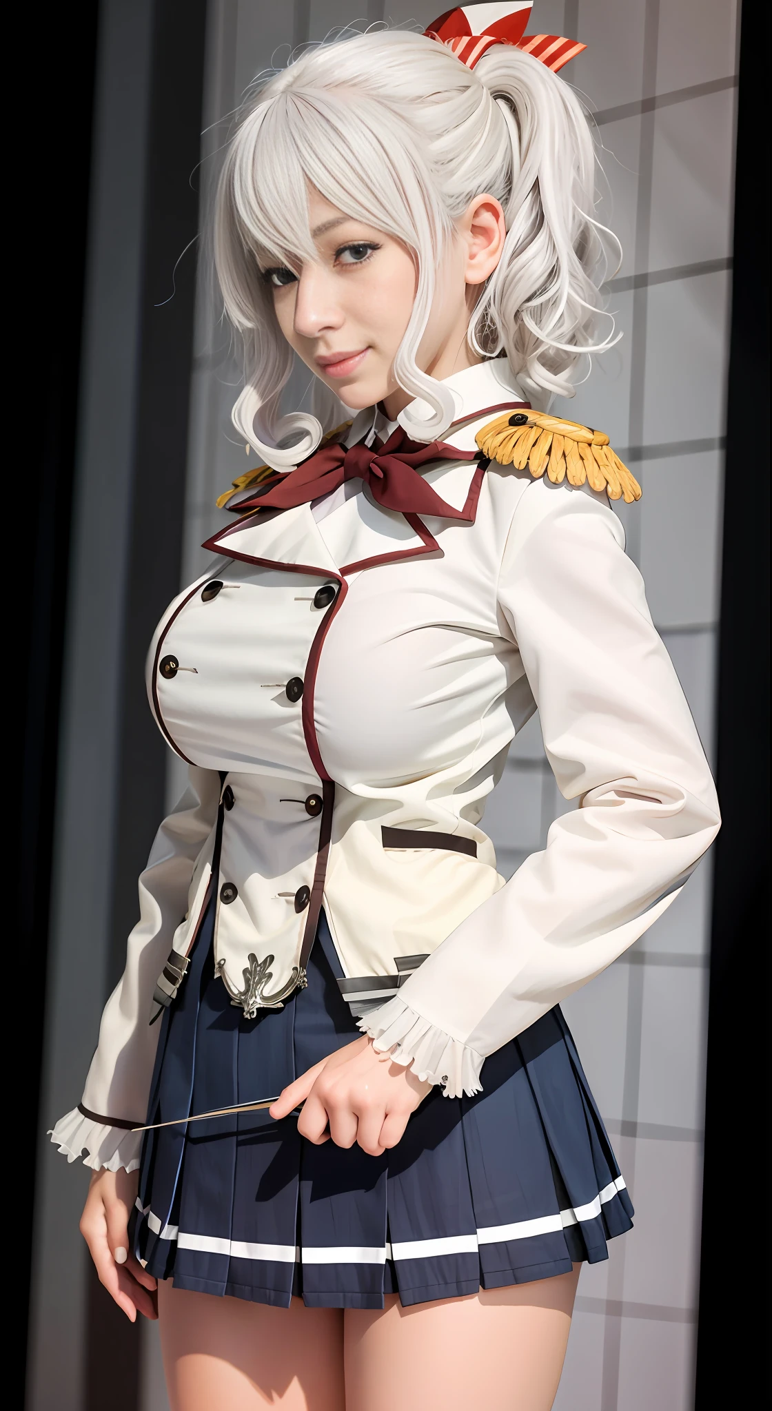 NSFW,1 girl, solo, masterpiece, top quality, blush, indoors, standing, kashima og, kashima (kankore), (white hair:1.5),(blue eyes),slender,巨乳,smile,wavy hair, twin tails, fishing eyes, beret, epaulettes, ruffled sleeves, jacket,, long sleeves, military, miniskirt, pleated skirt, red neckerchief, hanging, white gloves, anchor,