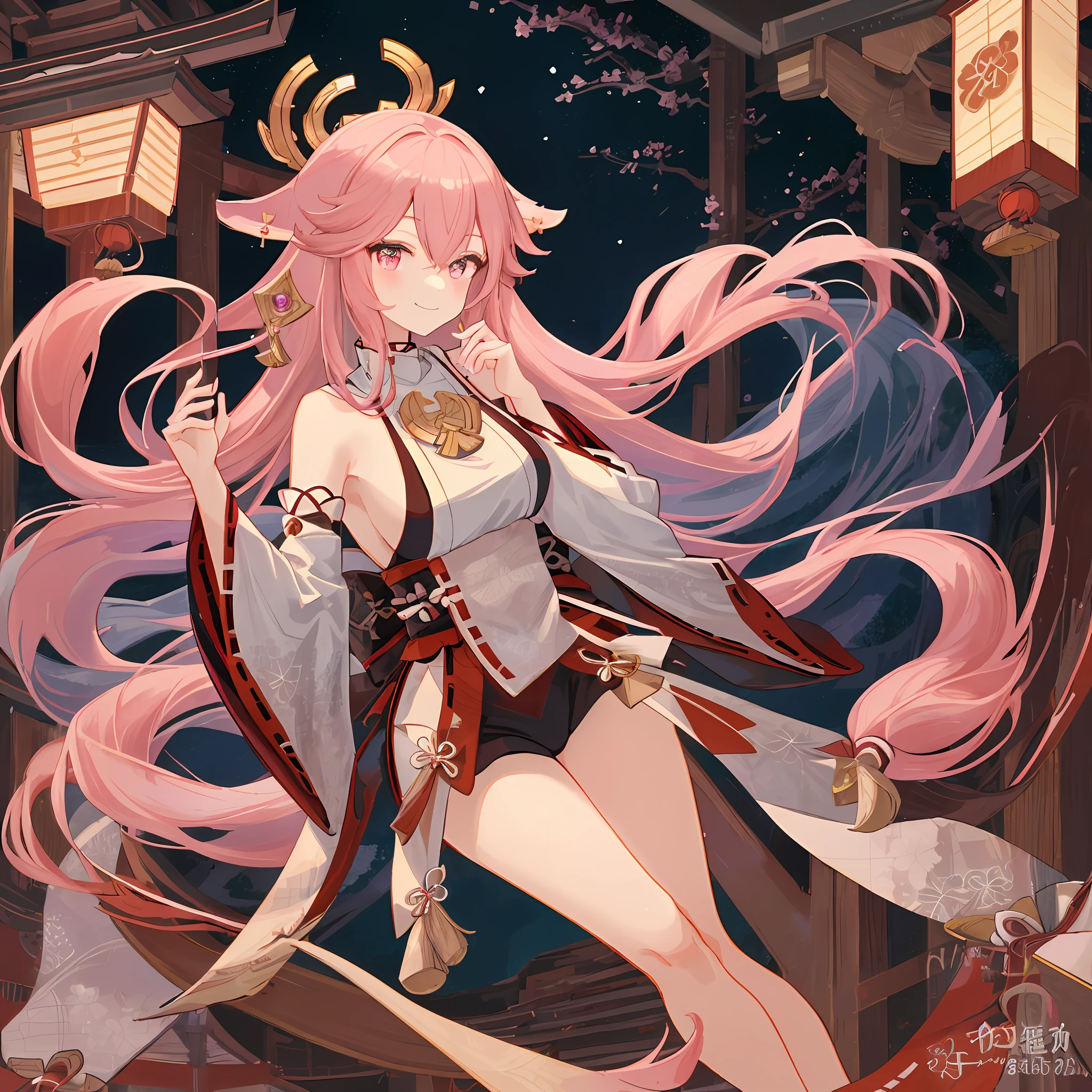 High quality, rich details, Japanese style painting, 1girl unique coquette, kimono bare-shouldered beauty, perfect display of thighs and cleavage, Yae Miko style, shrine at night, smile with fan in hand, black silk body, fox eartail and collarbone, long hair shawl, soft pink long hair, sexy side breasts, slender long legs