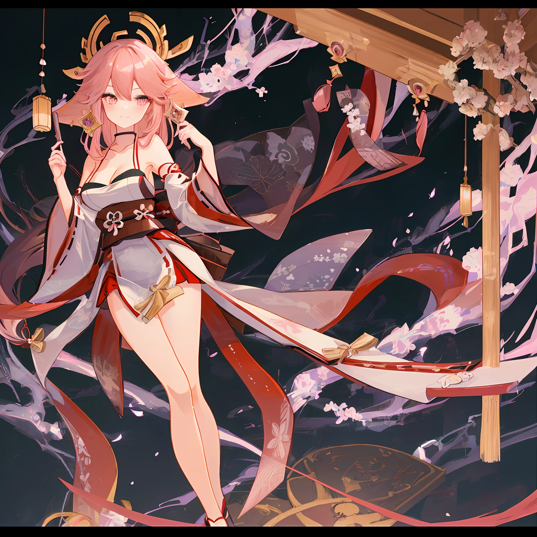 High quality, rich details, Japanese style painting, 1girl unique coquette, kimono bare-shouldered beauty, perfect display of thighs and cleavage, Yae Miko style, shrine at night, smile with fan in hand, black silk body, fox eartail and collarbone, long hair shawl, soft pink long hair, sexy side breasts, slender long legs
