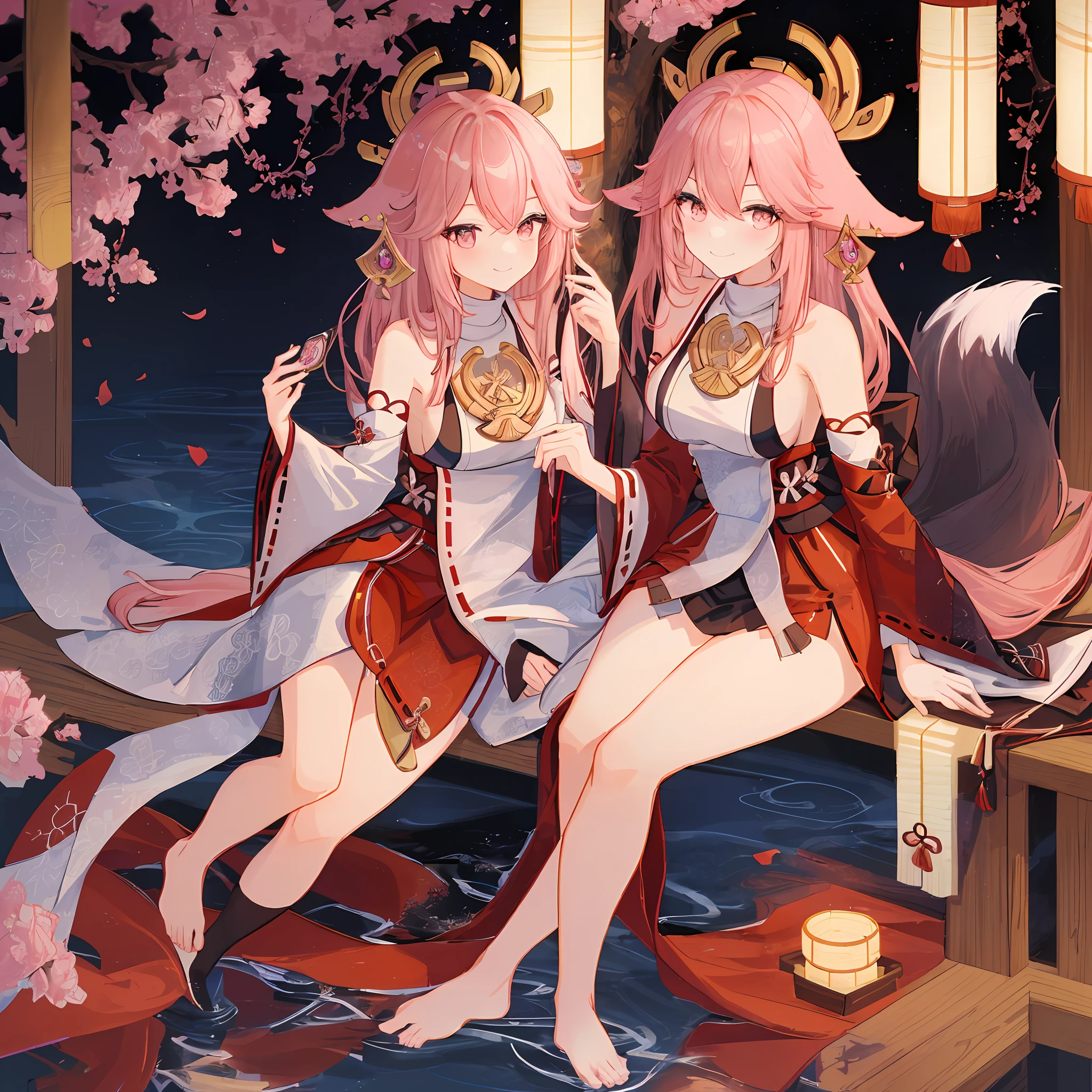 High quality, rich details, Japanese style painting, 1girl unique coquette, kimono bare-shouldered beauty, perfect display of thighs and cleavage, Yae Miko style, shrine at night, smile with fan in hand, black silk body, fox eartail and collarbone, long hair shawl, soft pink long hair, sexy side breasts, slender long legs