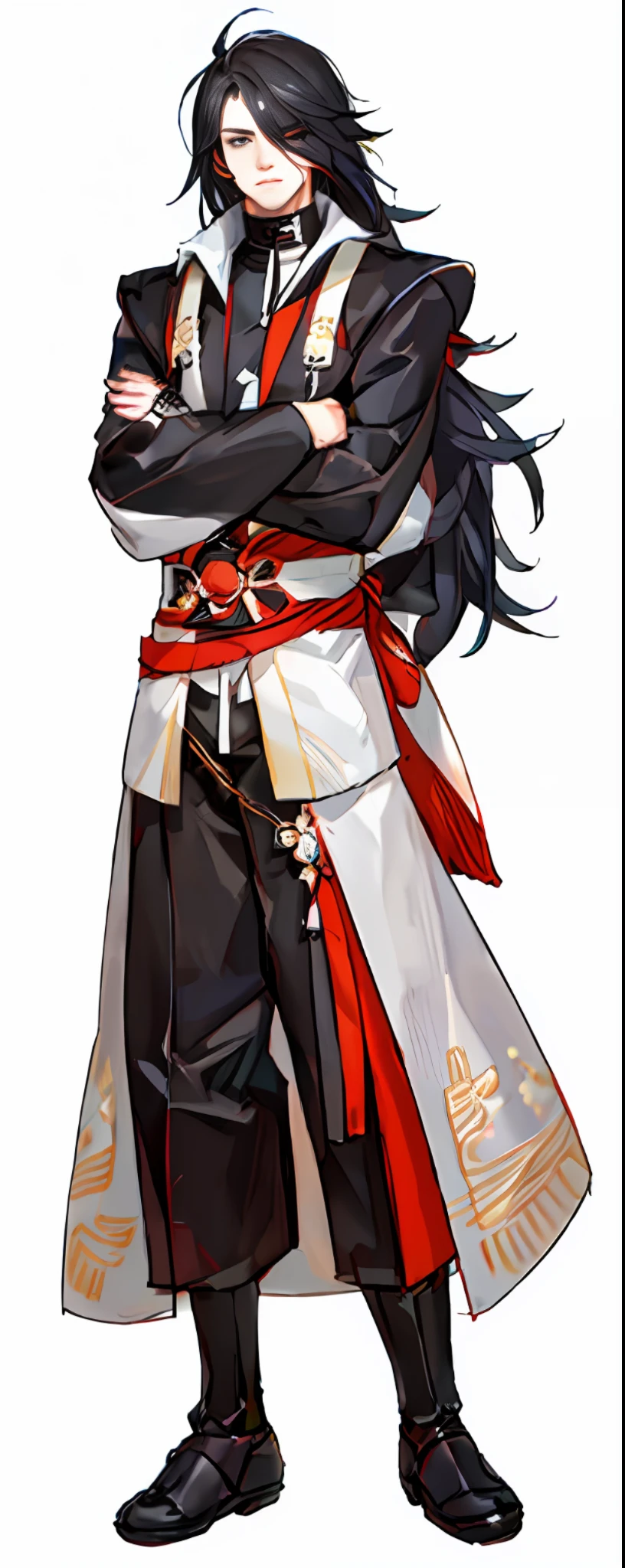 ((red long hair)) male character, extreamly handom, fusion modern hanbok style (black), sci-fi, artstation trending, (blank white background), 4k, best quality, masterpiece