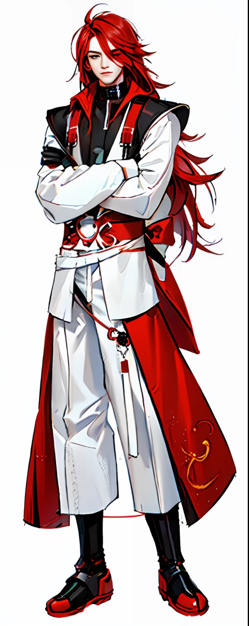 ((red long hair)) male character, extreamly handom, fusion modern hanbok style (black), sci-fi, artstation trending, (blank white background), best quality, 4k, masterpiece, high level detail