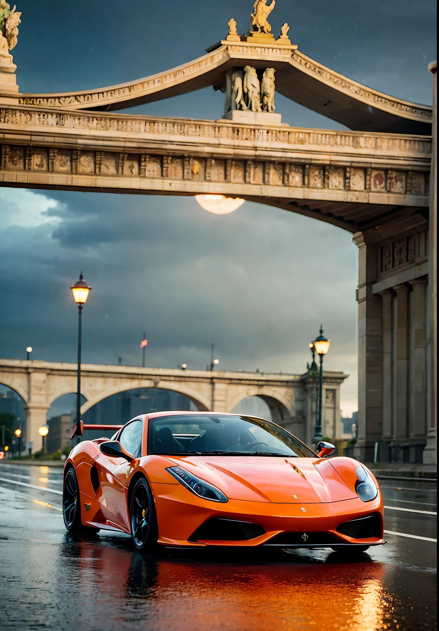 An ultra-realistic illustration of a Ferrari Daytona SP3 in Berlin, Germany. Midday and rainy weather. Ultra detailed, 8K, HDR, Octane Render, Redshift, Unreal Engine 5. Professionally rated color, atmosphere, amazing depth, rich colors, powerful images, psychedelic tones, 4K, 8K.,16k,32k, gallery frame style, ultra realistic photo.