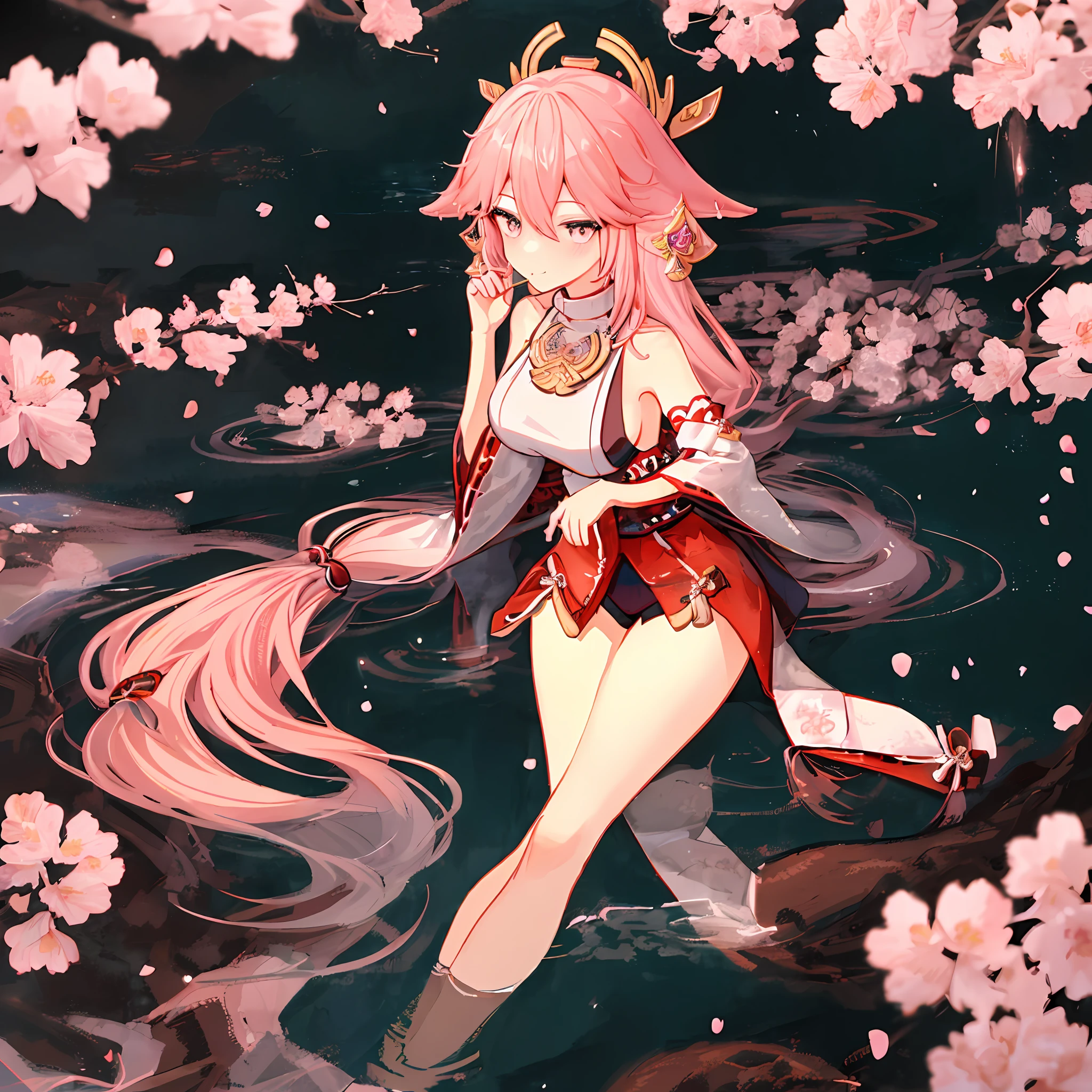 High quality, 4k, rich detail, Japanese style painting, 1girl dominance, kimono bare-shouldered beauty, perfect display of thighs and cleavage, Yae Miko style, shrine at night, hand holding flower wine, fox eartail and collarbone, long hair shawl emanating, soft pink long hair, sexy side breasts, lying still on the water, cherry blossoms falling, seductive smile, hey face, love pupils, half squint, light blush, saliva brushing, long legs