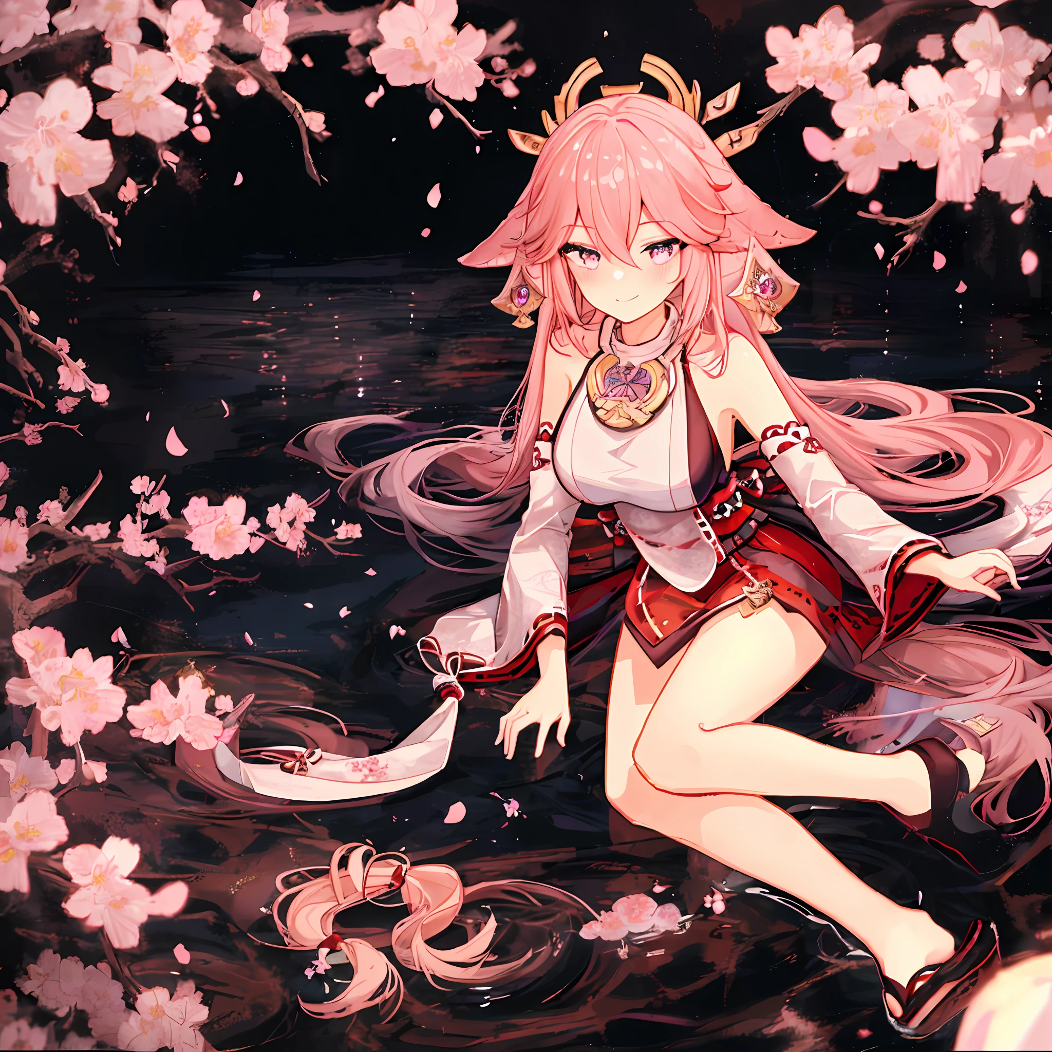 High quality, 4k, rich detail, Japanese style painting, 1girl dominance, kimono bare-shouldered beauty, perfect display of thighs and cleavage, Yae Miko style, shrine at night, hand holding flower wine, fox eartail and collarbone, long hair shawl emanating, soft pink long hair, sexy side breasts, lying still on the water, cherry blossoms falling, seductive smile, hey face, love pupils, half squint, light blush, saliva brushing, long legs