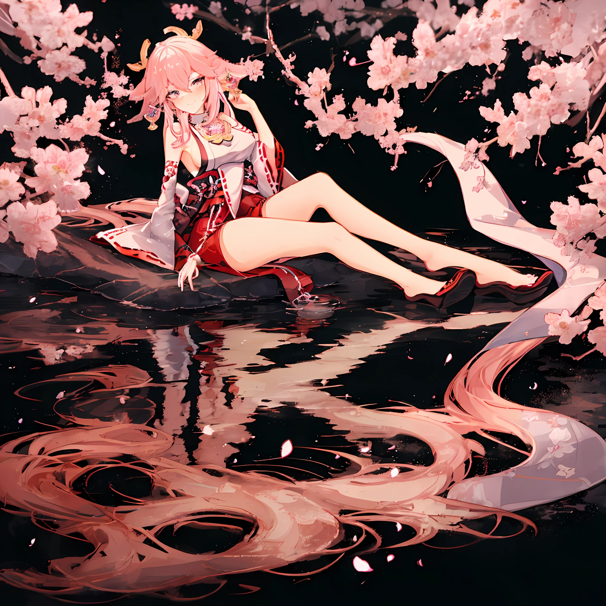 High quality, 4k, rich detail, Japanese style painting, 1girl dominance, kimono bare-shouldered beauty, perfect display of thighs and cleavage, Yae Miko style, shrine at night, hand holding flower wine, fox eartail and collarbone, long hair shawl emanating, soft pink long hair, sexy side breasts, lying still on the water, cherry blossoms falling, seductive smile, hey face, love pupils, half squint, light blush, saliva brushing, long legs