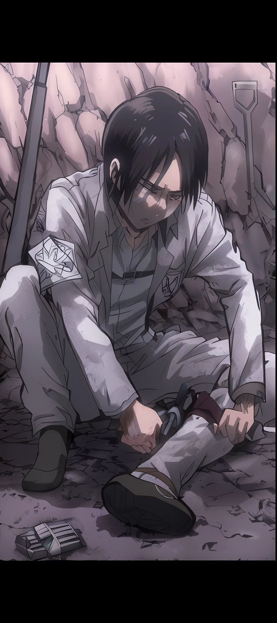 best quality, masterpiece, (realistic: 1.2), 1 man, Eren Jaeger, black jeans, black pants, brown hair, attack on Titan, cold background, black jacket, slim body, high definition, high quality, black clothes