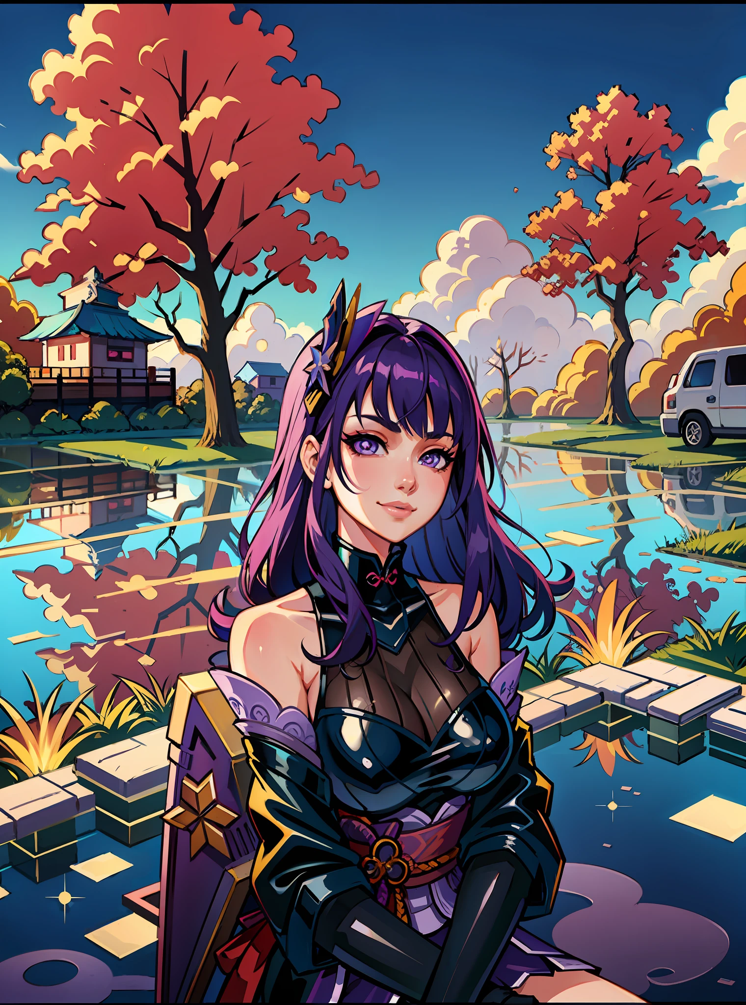 (masterpiece),(best quality:1.0), (ultra highres:1.0), detailed illustration, 8k, anime, 1girl, beautiful anime girl, Girl, Raiden Shogun, Purple eyes, detailed eyes, purple hair, detailed hair, shoulder exposure, shoulder smooth texture latex, coquettish smile, anime feel, evil devil, {blackening}, {teasing smile}, detailed, anime style, best quality, heavenly background, beautiful scenery