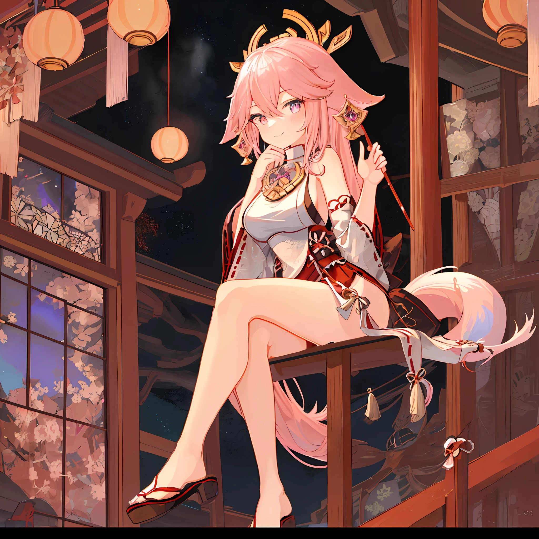 High quality, rich details, Japanese style painting, 1girl unique coquette, kimono bare-shouldered beauty, perfect display of thighs and cleavage, Yae Miko style, shrine at night, seductive smile, fox ear tail and collarbone, long hair shawl emanation, soft pink long hair, sexy side breasts, slender long legs, sitting on a chair