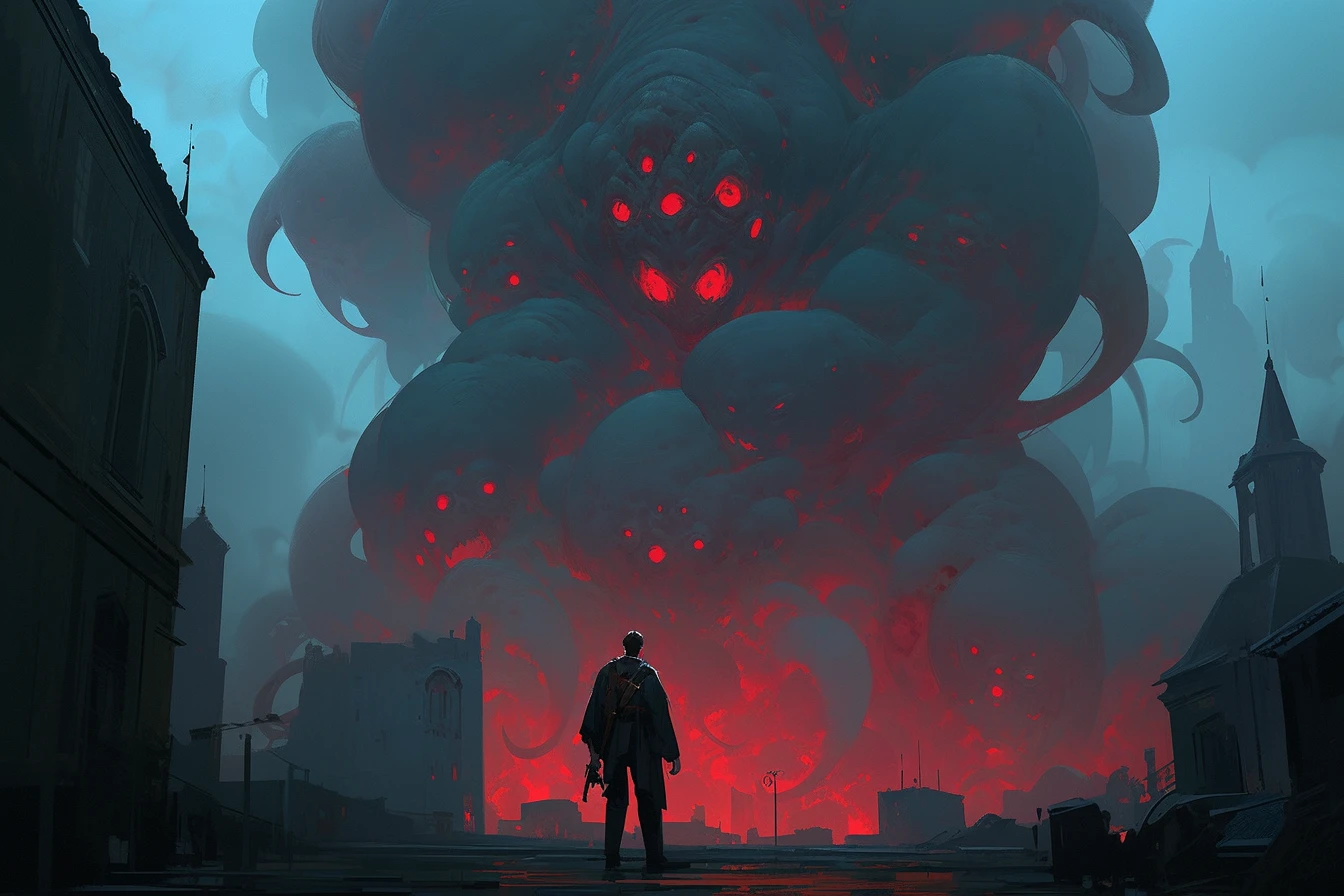 Azathoth,Other-dimensional fear space, multiverse, a salesman looks behind him, running towards the camera, the tall building behind it, the huge Cthulhu, tentacles destroying the building, small bats overwhelmed, storms, lightning, tilted shots, dynamic shots, beautiful pictures --ar 6:4 --niji 5 --s 400 --style expressive