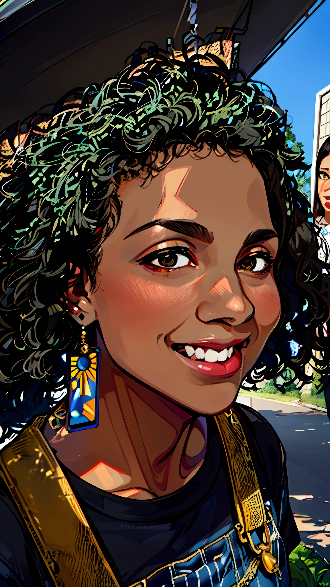 a close up of a person with a black shirt and a blue jean overall, huge earrings and queer make up, light skinned african young girl, dark short curly hair smiling, looks like fabiula nascimento, with afro, mixed-race woman, olive skinned, by Nándor Katona, with brown skin, an olive skinned, natural beauty