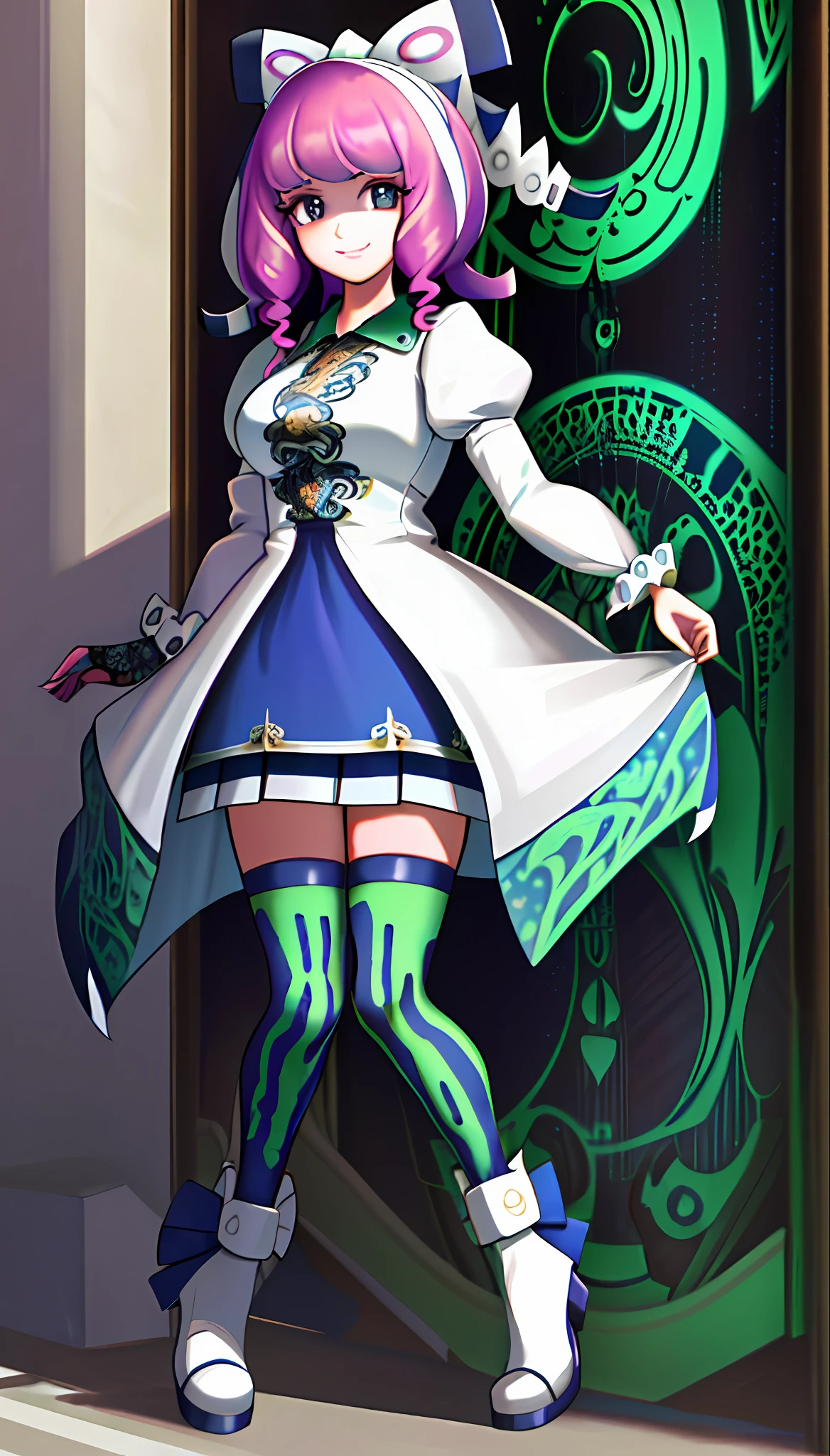 8k,((masterpiece,ultra-detailed, intricate details, mid quality,illustration)),1girl, solo, highres, looking at viewer, blue hair, long hair, Waves roll, smiling, wearing t-shirt, wearing long.EVA .in short dress, street, sun shining through, solar system, femininity, empowerment, beauty, detail, wide shot,