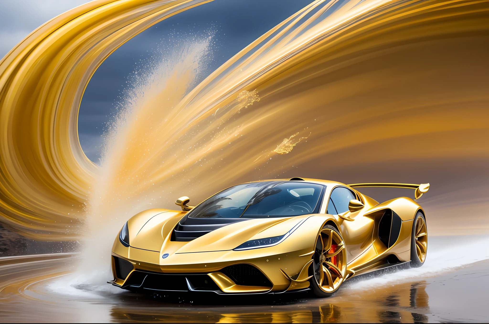 A golden hypercar (Liquid Splash Fluid Art:1.2) Golden Vortex: A golden hypercar traverses a spinning vortex of silver liquid. The liquid spirals and twists, echoing the car's aerodynamic contours and reacting to its thunderous speed. Surreal effect, hyper realism, 32k, 78.5k, art gallery frame format.