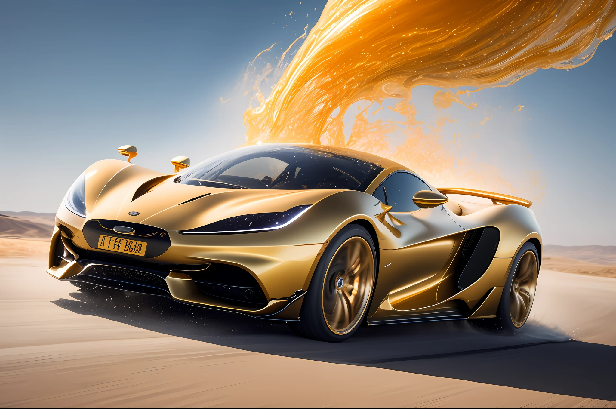 A golden hypercar (Liquid Splash Fluid Art:1.2) Golden Vortex: A golden hypercar hurtles through a swirling vortex of silvery liquid. The liquid spirals and twists, echoing the car's aerodynamic contours and reacting to its thunderous velocity. The spectacle, rendered using Cinema 4D's fluid simulation at an aperture of f/2.8, ISO 400, and a shutter speed of 1/60 sec, captures the thrilling interplay of power and elegance. The final render, polished using Gamma Correction and Tone Mapping, is a visually compelling depiction of kinetic energy and fluid dynamism, inspired by the works of Alex Roman and Beeple.