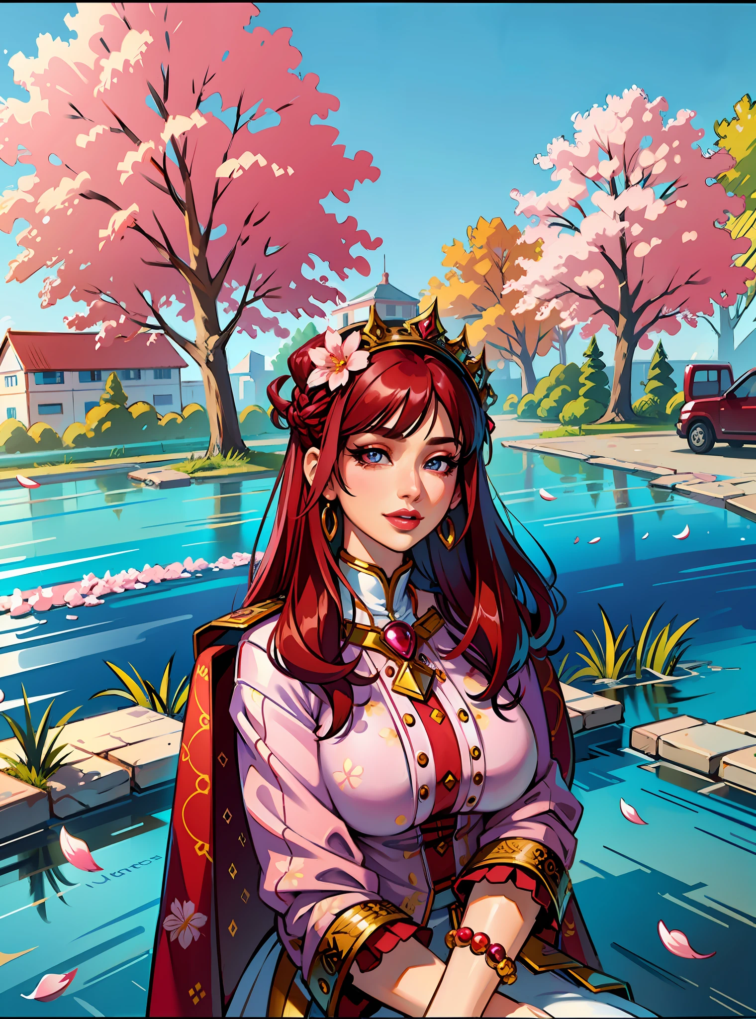 (masterpiece),(best quality:1.0), (ultra highres:1.0), detailed illustration, 8k, anime, 1girl, beautiful anime girl, wearing a pink dress, pretty face, detailed face, beautiful eyes, detailed eyes, red lips, red lipstick, smiling, beautiful hair, highlights in hair, pretty earrings, cherry blossom background, pink theme, detailed, anime style, best quality