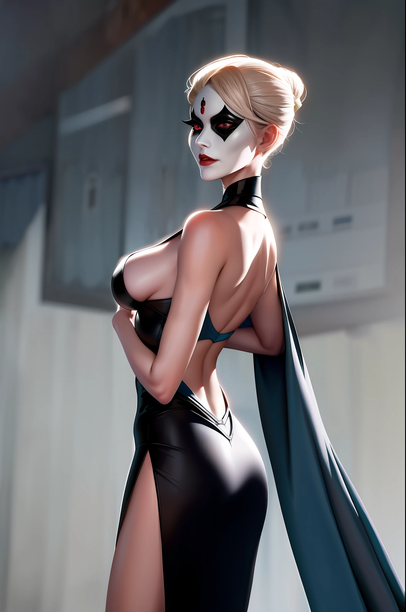 "Slender Harley Queen stands with her back turned, very beautiful, full of arrogance."