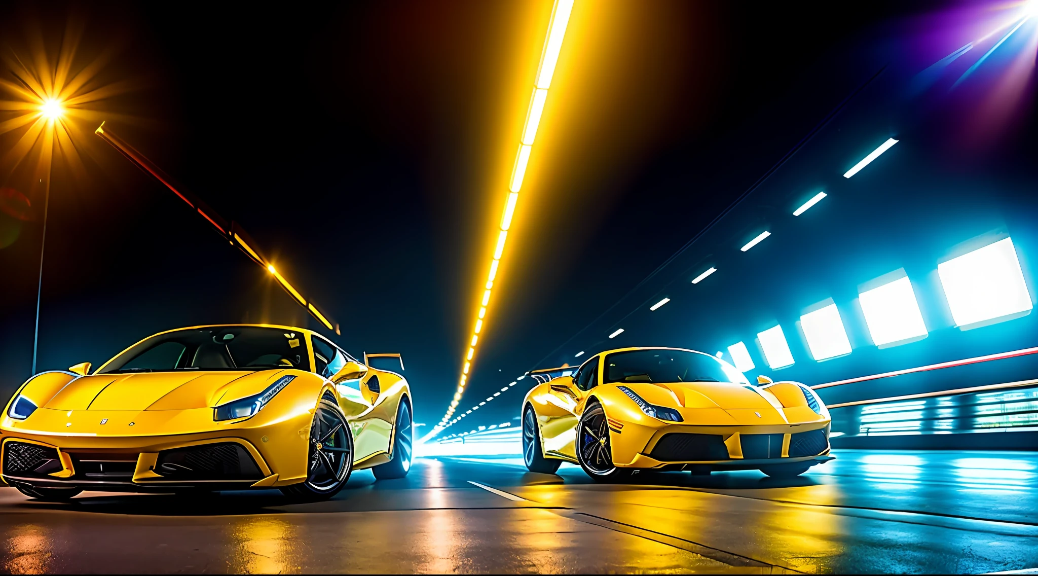 perfect masterpiece photo, very dynamic close shot of CAR:[Ferrari 488 GTB]:1.5  [A car driving through a tunnel of mirrors, the reflections stretching off into infinity.] in place of A mountain pass with sharp hairpin turns and breathtaking scenery in the moment of Morning: The world begins to come to life as the sun rises higher in the sky. People start their day with a cup of coffee or tea, and the sounds of traffic and activity fill the air. The world is buzzing with energy and purpose. cinematic lighting of A bright, harsh spotlight shining on a stage in a theater., 8K, HQ, Highly detailed, ultra realistic, hyper-realistic with dominance of Saffron: A warm, golden yellow color that is vibrant and full of energy. photo is made with Sigma 35mm f/1.4 DG HSM Art - fast aperture prime lens for low light and shallow depth of field by greg rutkowski,  strange, intricate, showing details, sharpen image