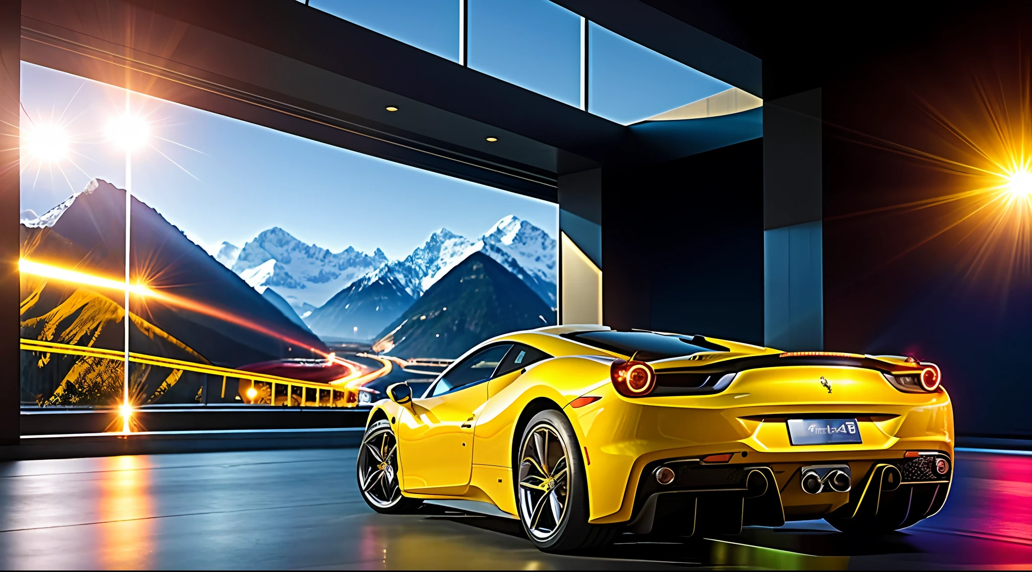 perfect masterpiece photo, very dynamic close shot of CAR:[Ferrari 488 GTB]:1.5  [A car driving through a tunnel of mirrors, the reflections stretching off into infinity.] in place of A mountain pass with sharp hairpin turns and breathtaking scenery in the moment of Morning: The world begins to come to life as the sun rises higher in the sky. People start their day with a cup of coffee or tea, and the sounds of traffic and activity fill the air. The world is buzzing with energy and purpose. cinematic lighting of A bright, harsh spotlight shining on a stage in a theater., 8K, HQ, Highly detailed, ultra realistic, hyper-realistic with dominance of Saffron: A warm, golden yellow color that is vibrant and full of energy. photo is made with Sigma 35mm f/1.4 DG HSM Art - fast aperture prime lens for low light and shallow depth of field by greg rutkowski,  strange, intricate, showing details, sharpen image