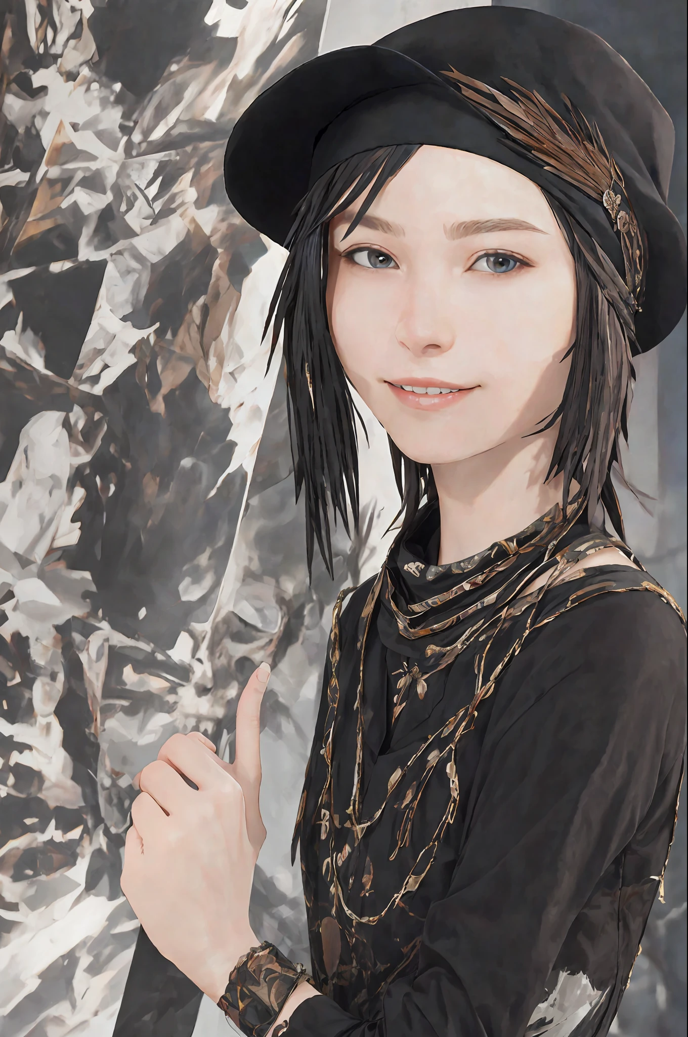 Masterpiece, High Resolution, Realistic, Real, Real Photo, Best Quality, 8K, Best Quality, Realistic, Ultra Detailed, Perfect Lighting, Female, 1girl, Solo, Looking at the Audience, Simple Background, Dark Background, Light, Lamp, Chloeprice, Blue Hair, Brown Eyes, Smile, (Butterfly: 1.3), Portrait, Happy Face, Ultra Fine Skin, (Black Hat: 1.2), Collar, (Black Shirt with Skull: 1.2),