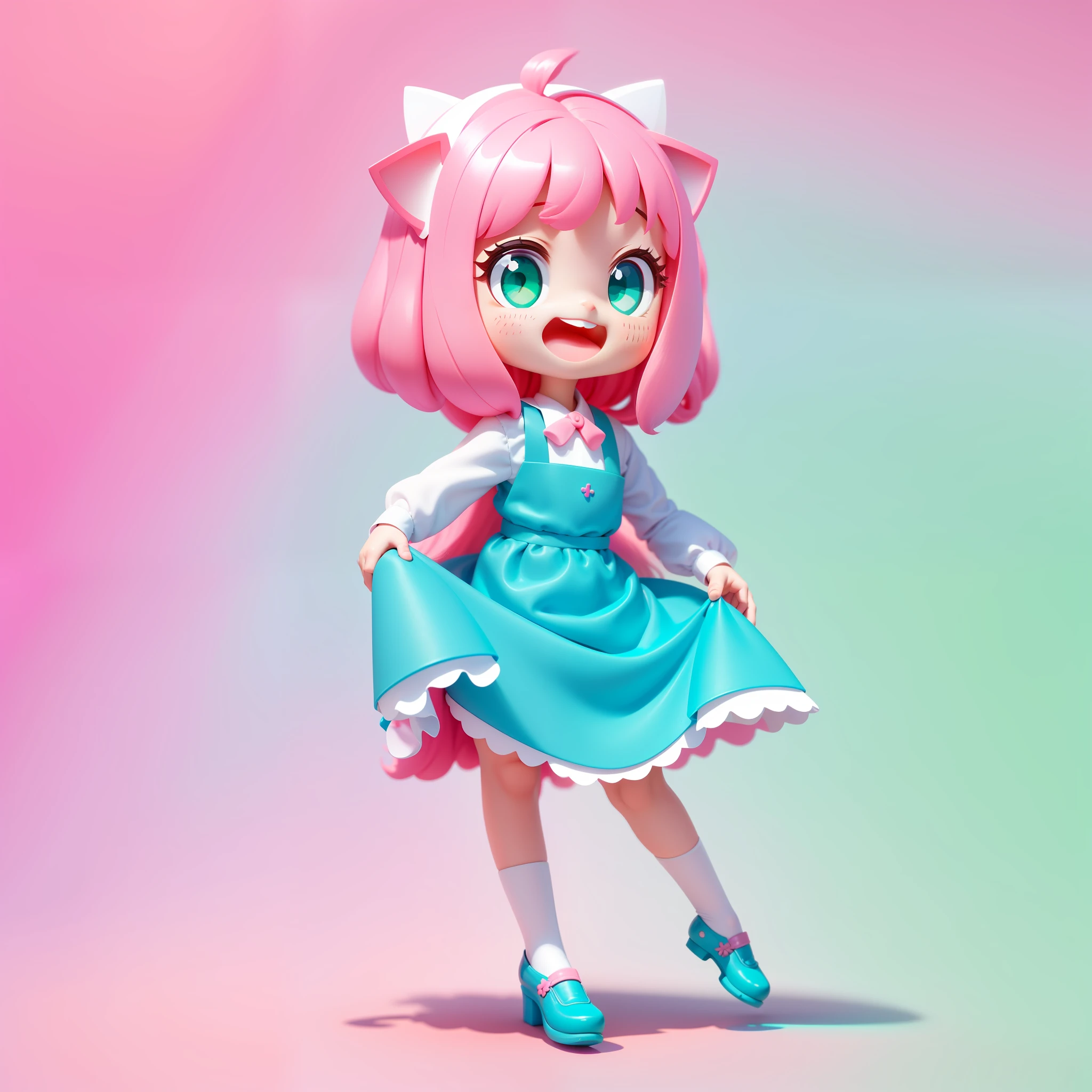 Blind Box toy style, a cute little girl, cute face, blush, cat ear hair ornament, pink hair, white lining, green eyes, blue long dress, open mouth laughing, super clear, 8k, super detailed, blank background --v 6