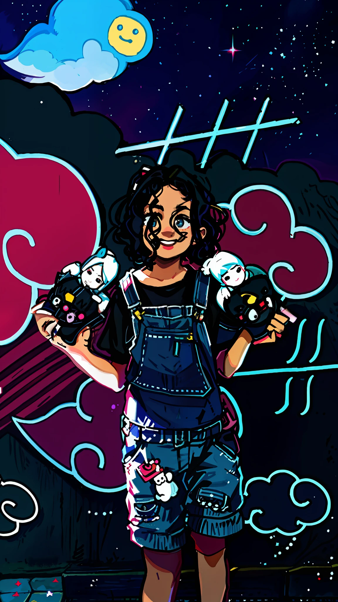 Light-skinned black girl, wavy dark hair, in overalls holding two stuffed animals in front of a wall, hana yata, inspired by Hikari Shimoda, profile photo, myself, at disney, night photo!!, snapchat, by Aguri Uchida, my interpretation, at dusk!, inspired by Gigadō Ashiyuki, taken on an iphone, nighttime!, by Emma Ríos