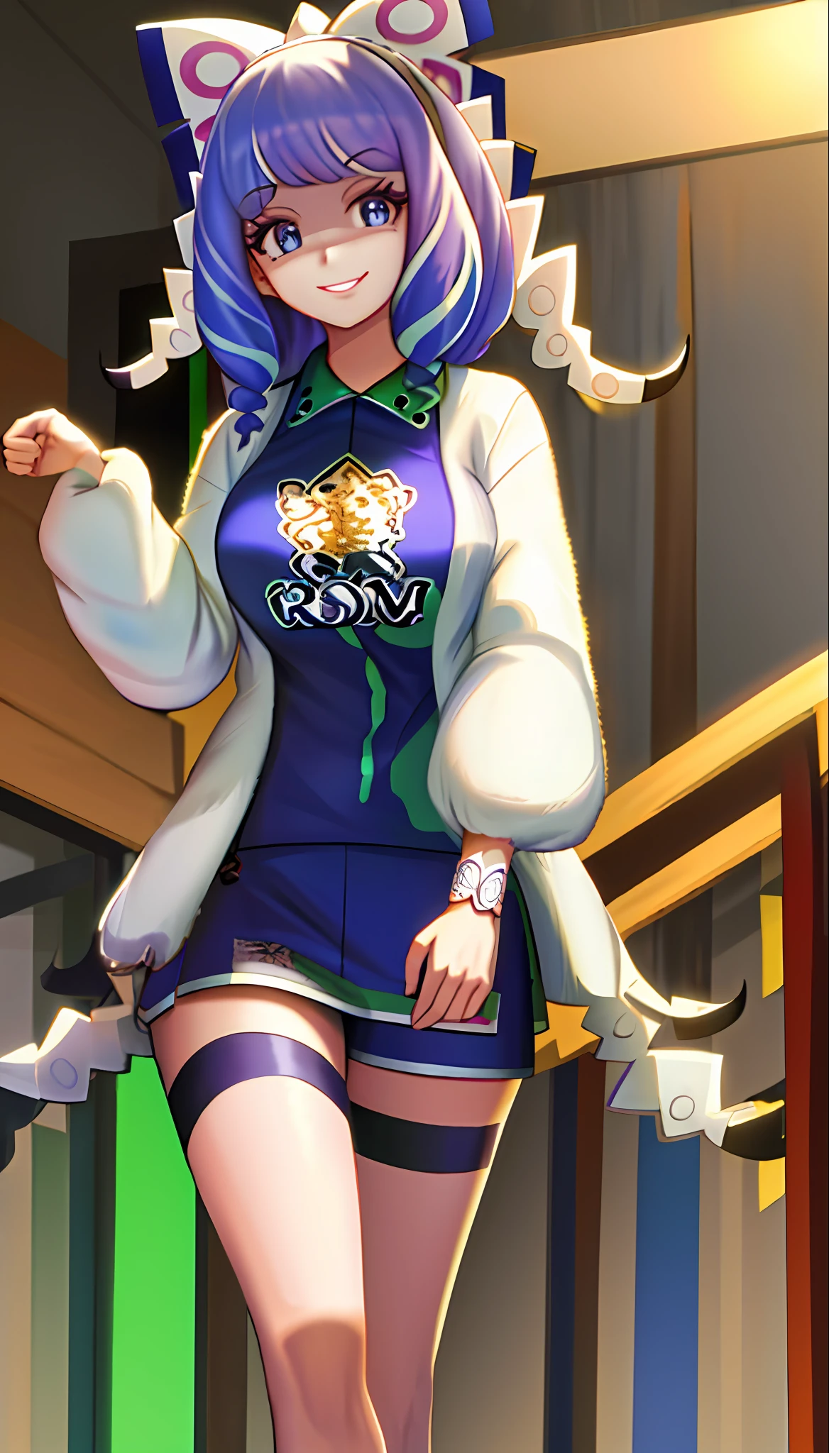 8k,(masterpiece, very detailed, intricate details, medium quality, illustration),1girl, solo, high resolution, viewer view, blue hair, long hair, wave roll, smile, wearing a t-shirt, wearing long clothes. EVA .in short dress, street, solar system, femininity, empowerment, beauty, detail, wide shot, clenched body, crunchy expression, colly smile,