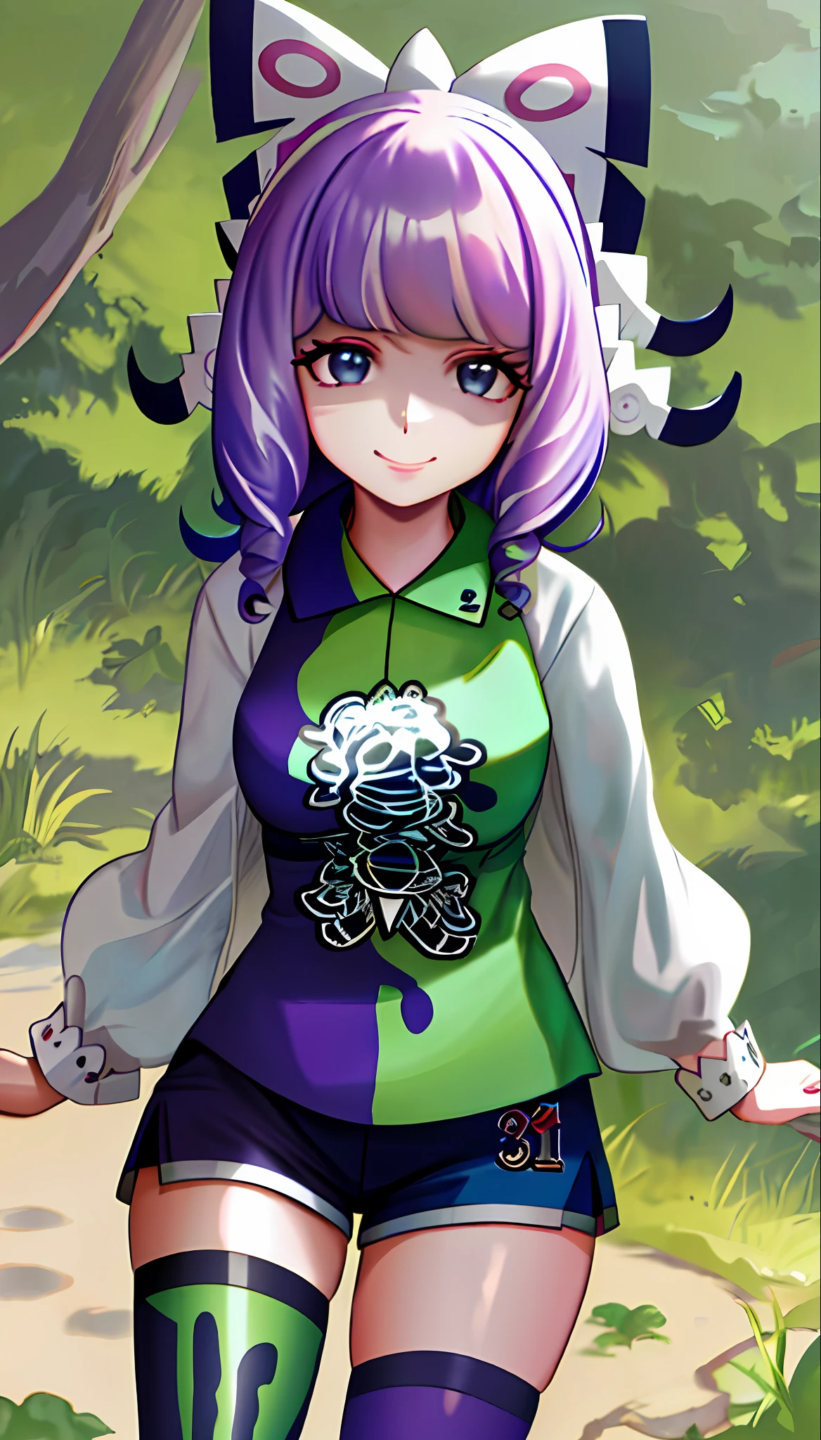 8k,(masterpiece, very detailed, intricate details, medium quality, illustration),1girl, solo, high resolution, viewer view, blue hair, long hair, wave roll, smile, wearing a t-shirt, wearing long clothes. EVA .in short dress, street, solar system, femininity, empowerment, beauty, detail, wide shot, clenched body, crunchy expression, colly smile,